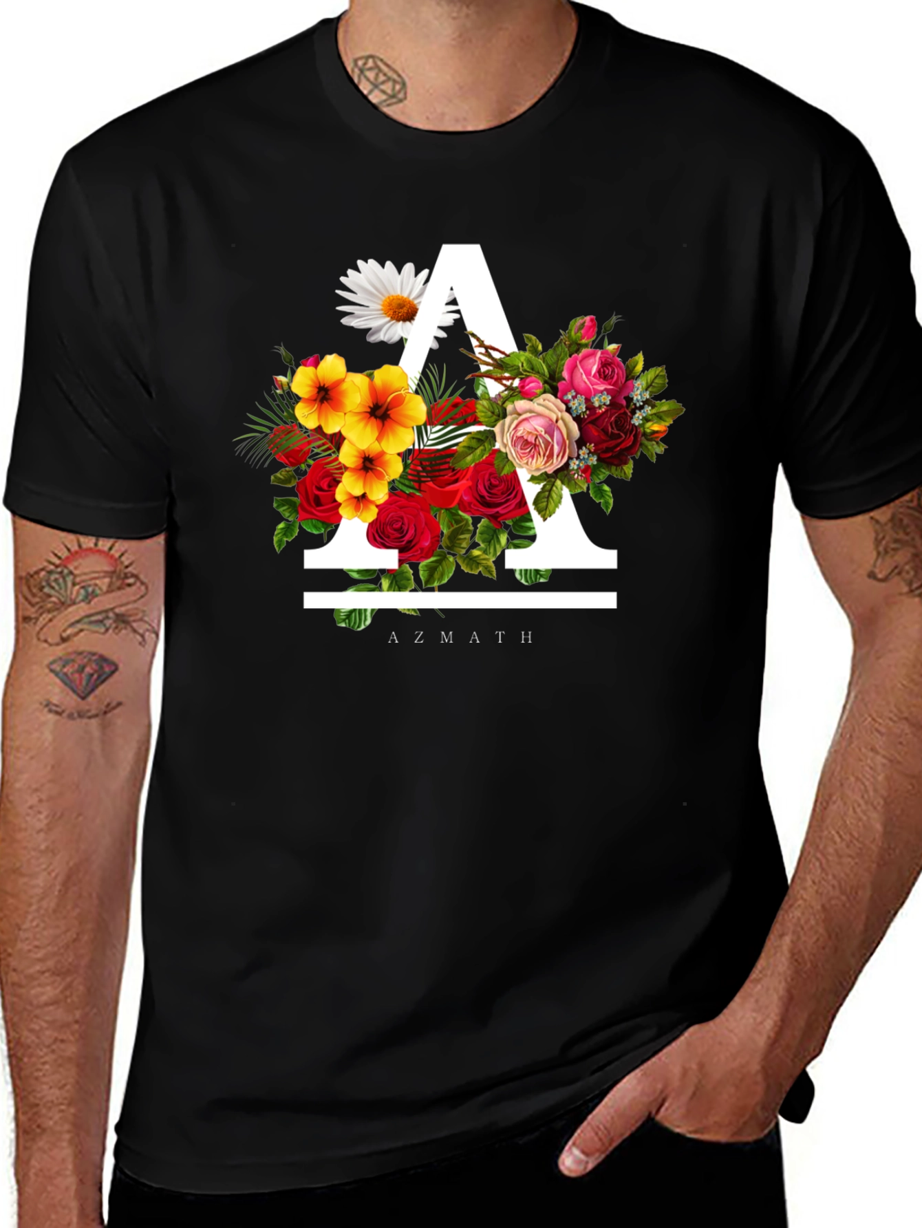Variant 7 of Floral "A" Black T-Shirt - Unique Graphic Tee