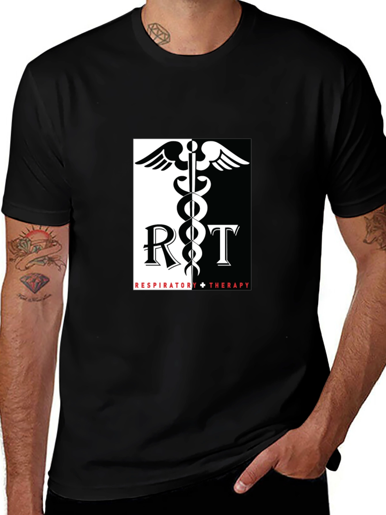 Respiratory Therapy Black T-Shirt - Medical Caduceus Design