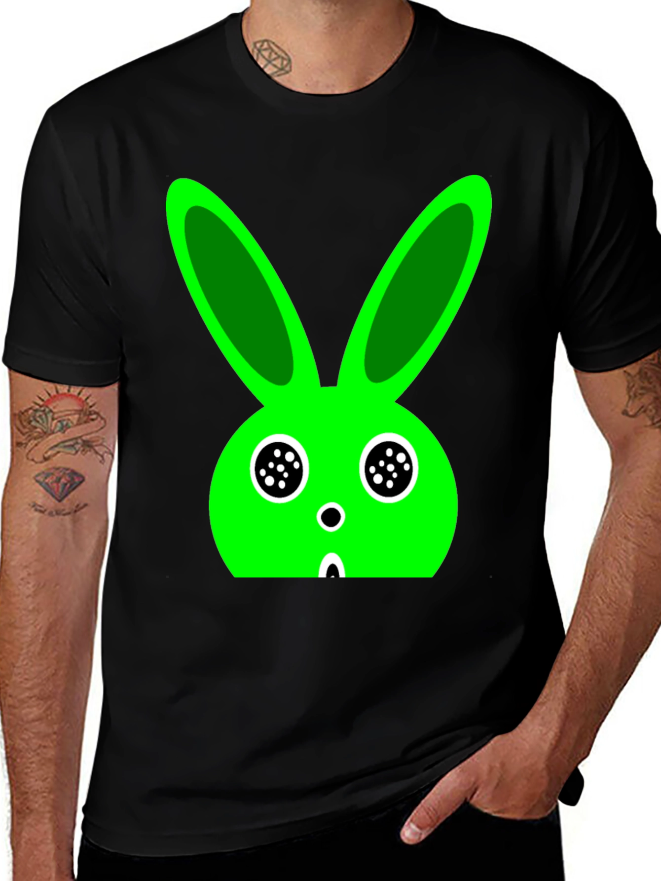 Variant 6 of Funky Green Bunny Graphic Black T-Shirt
