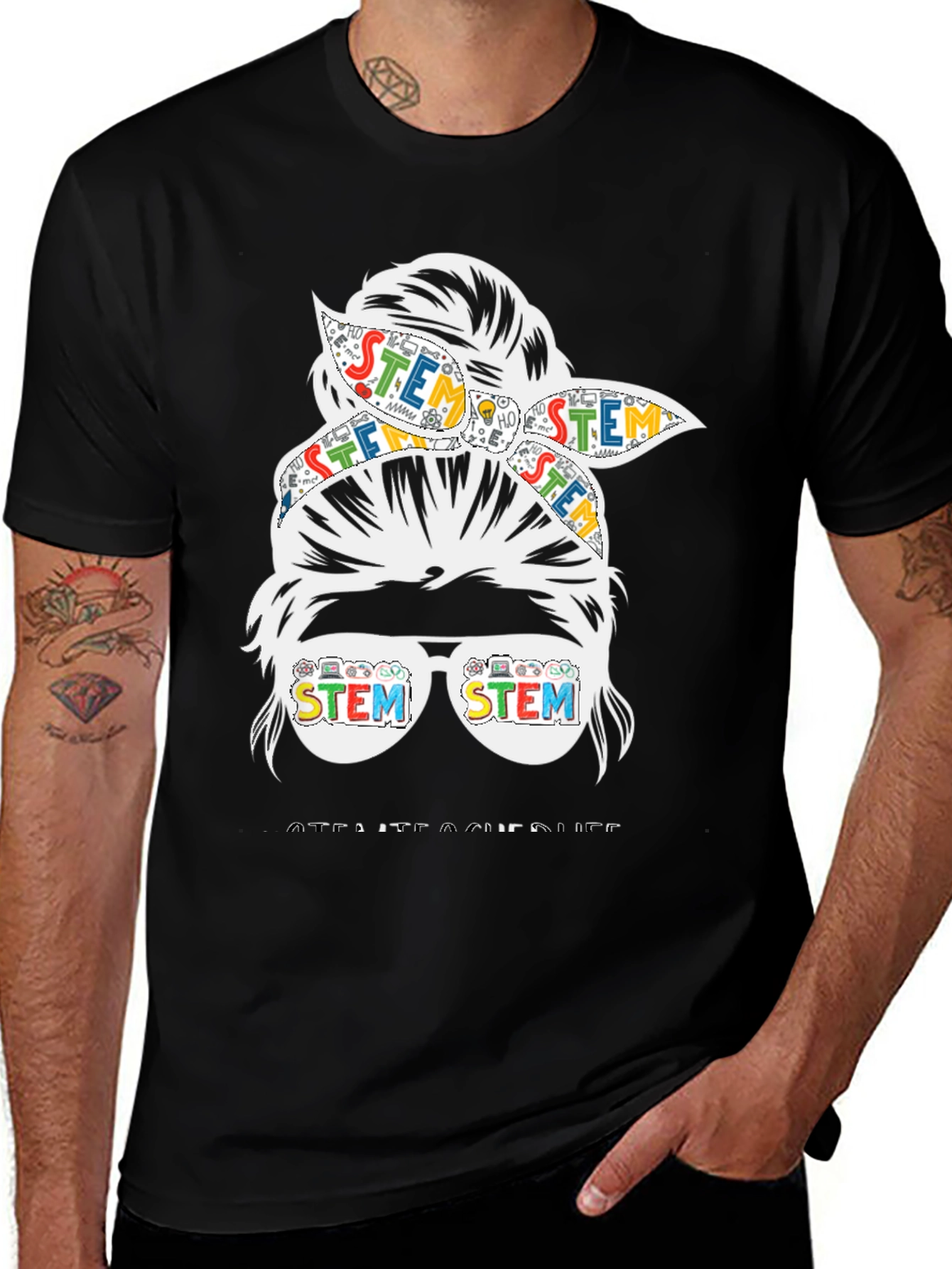 Variant 7 of STEM Messy Bun Teacher Graphic T-Shirt