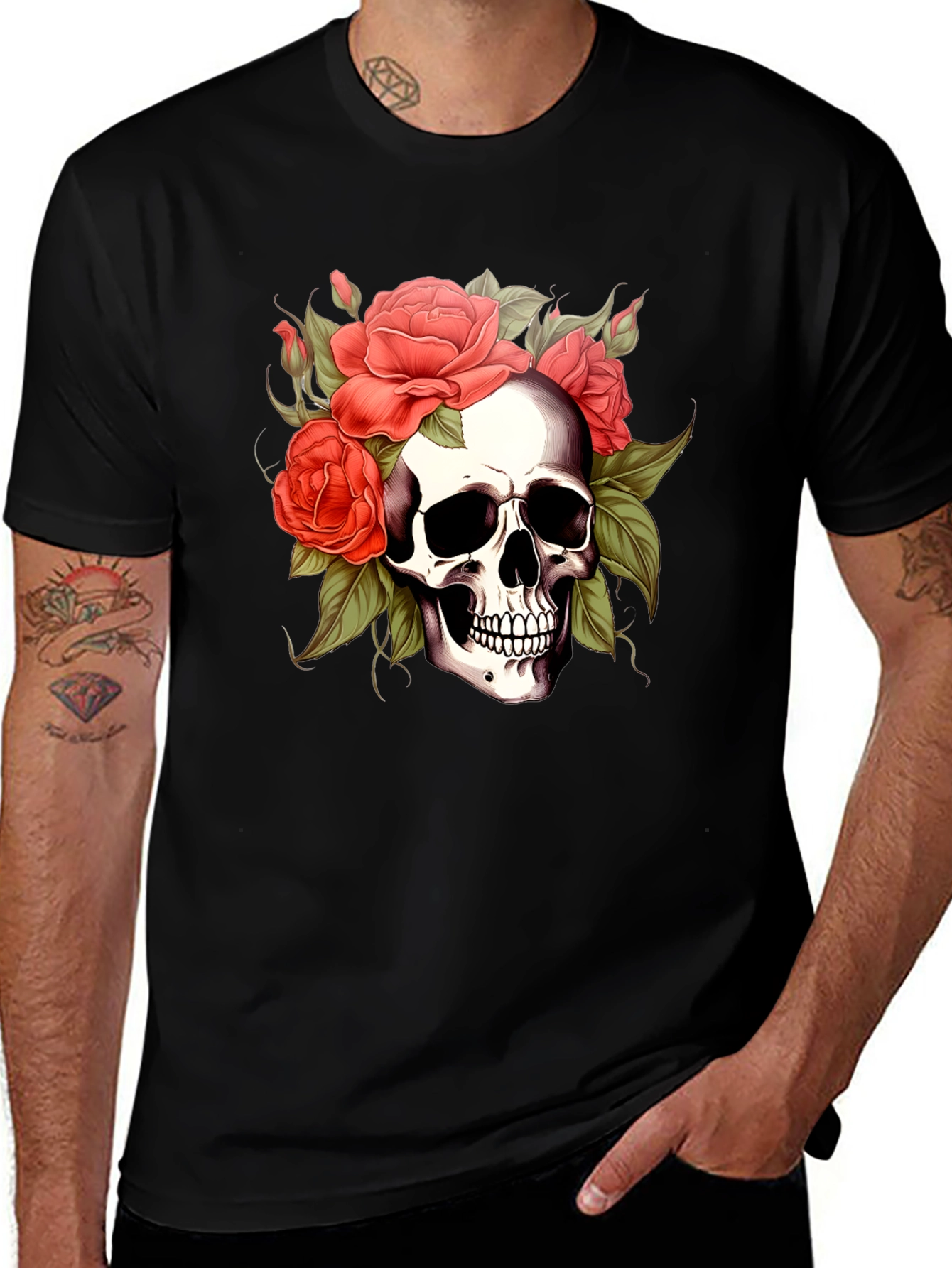 Variant 11 of Skull & Roses Graphic Tee - Men's Black T-Shirt