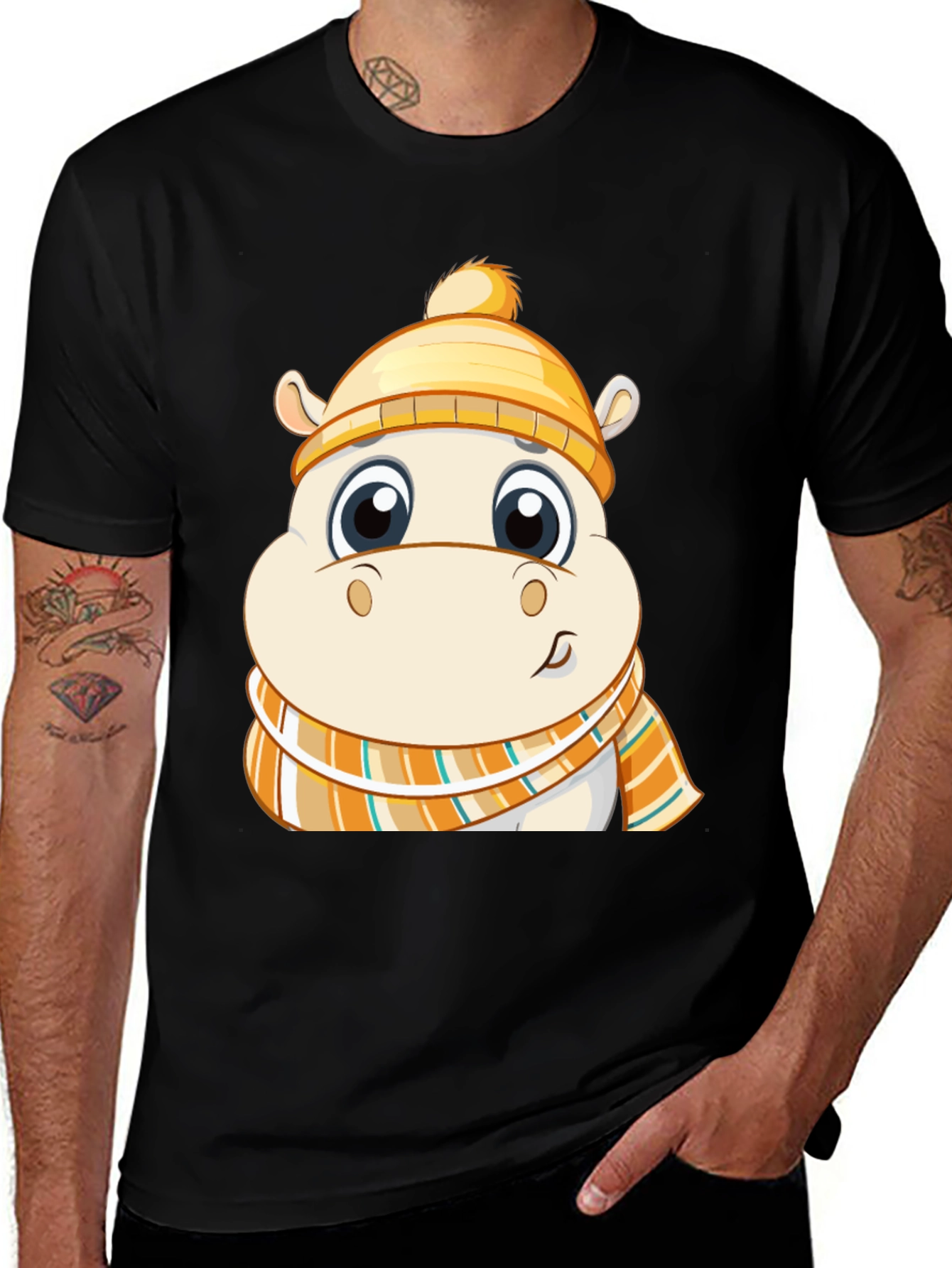Variant 14 of Cartoon Hippo in Winter Hat Graphic Tee