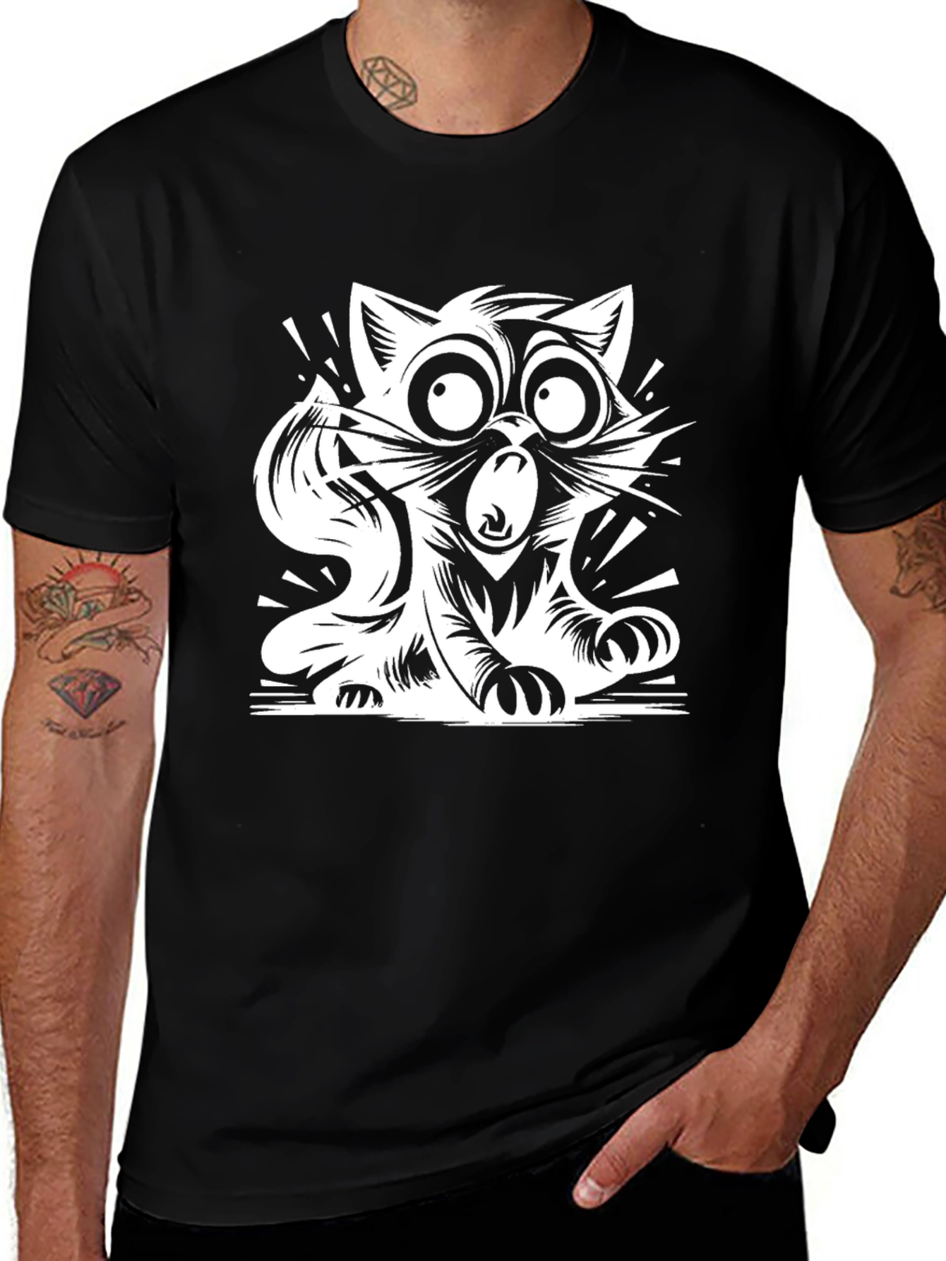 Cartoon Cat Graphic Tee - Black