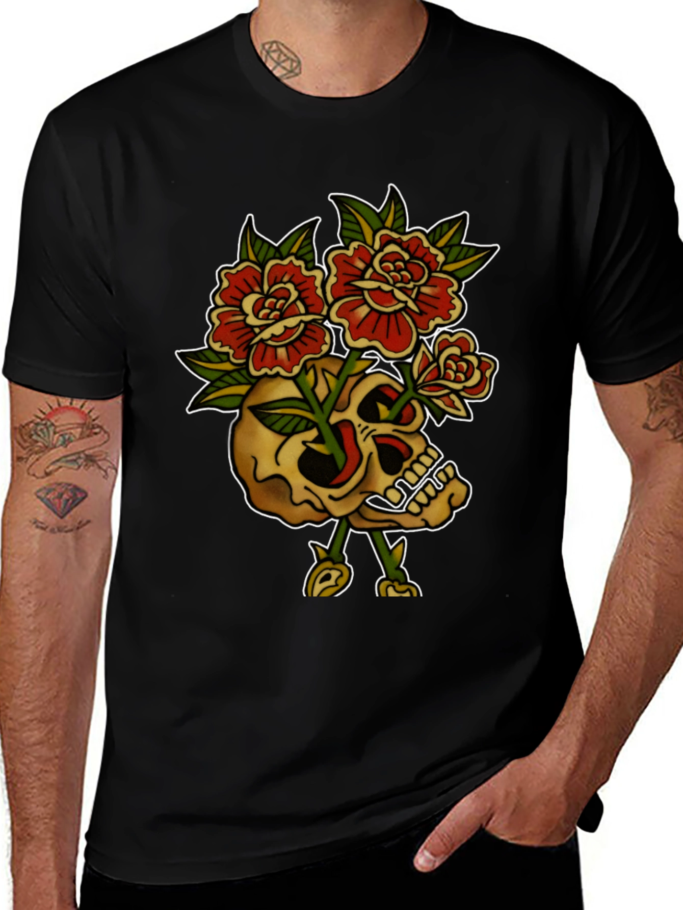 Variant 20 of Skull & Roses Graphic T-Shirt - Bold Tattoo Design