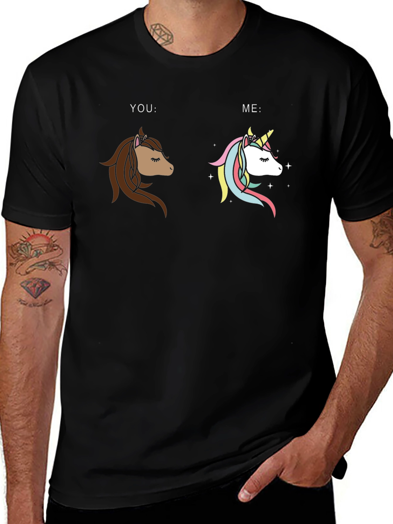 Variant 17 of Funny "You vs. Me" Horse & Unicorn Black T-Shirt
