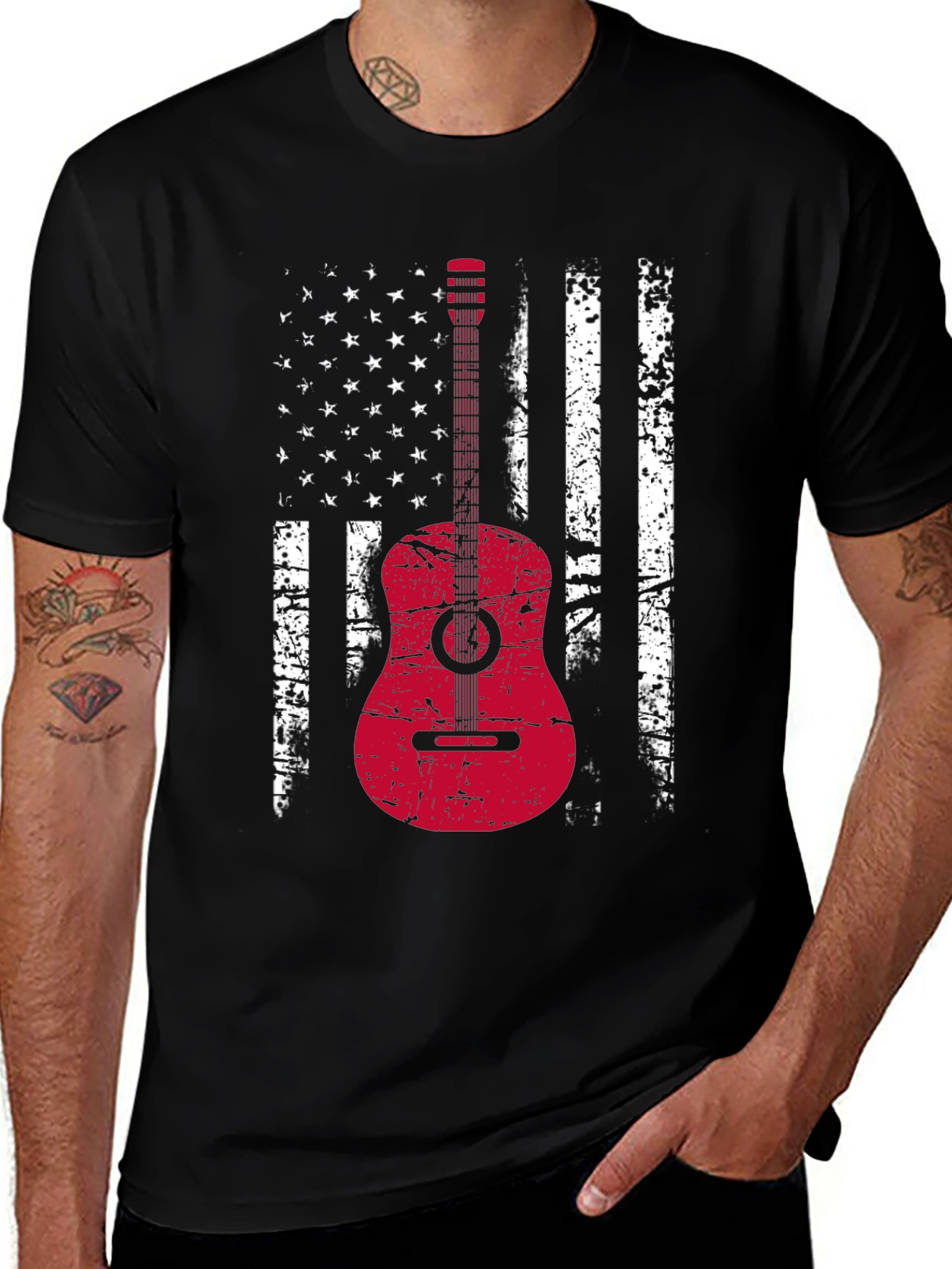 Variant 23 of American Flag Guitar T-Shirt - Grunge Style