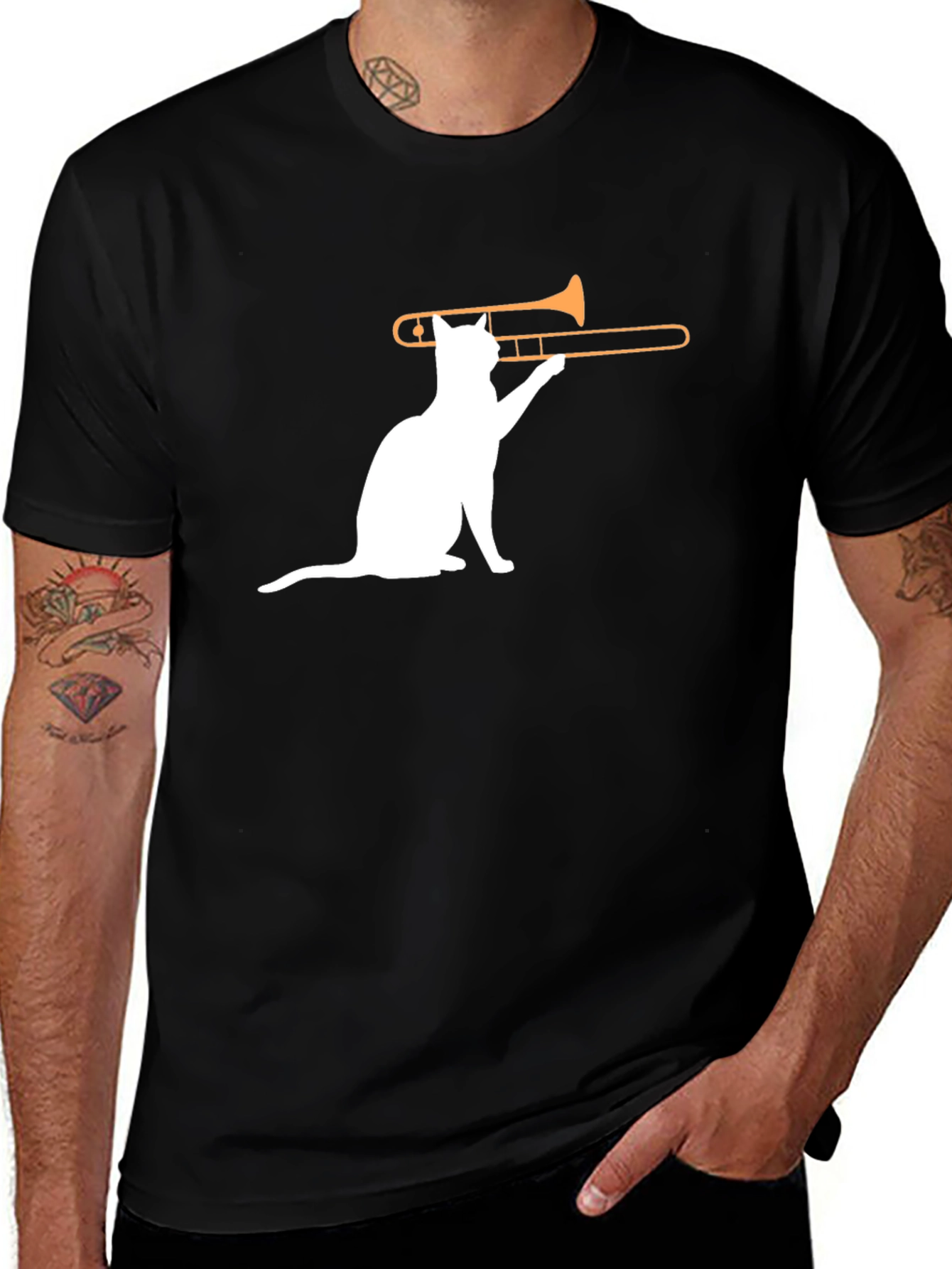 Variant 27 of Cat Trombone T-Shirt - Black Cotton Graphic Tee