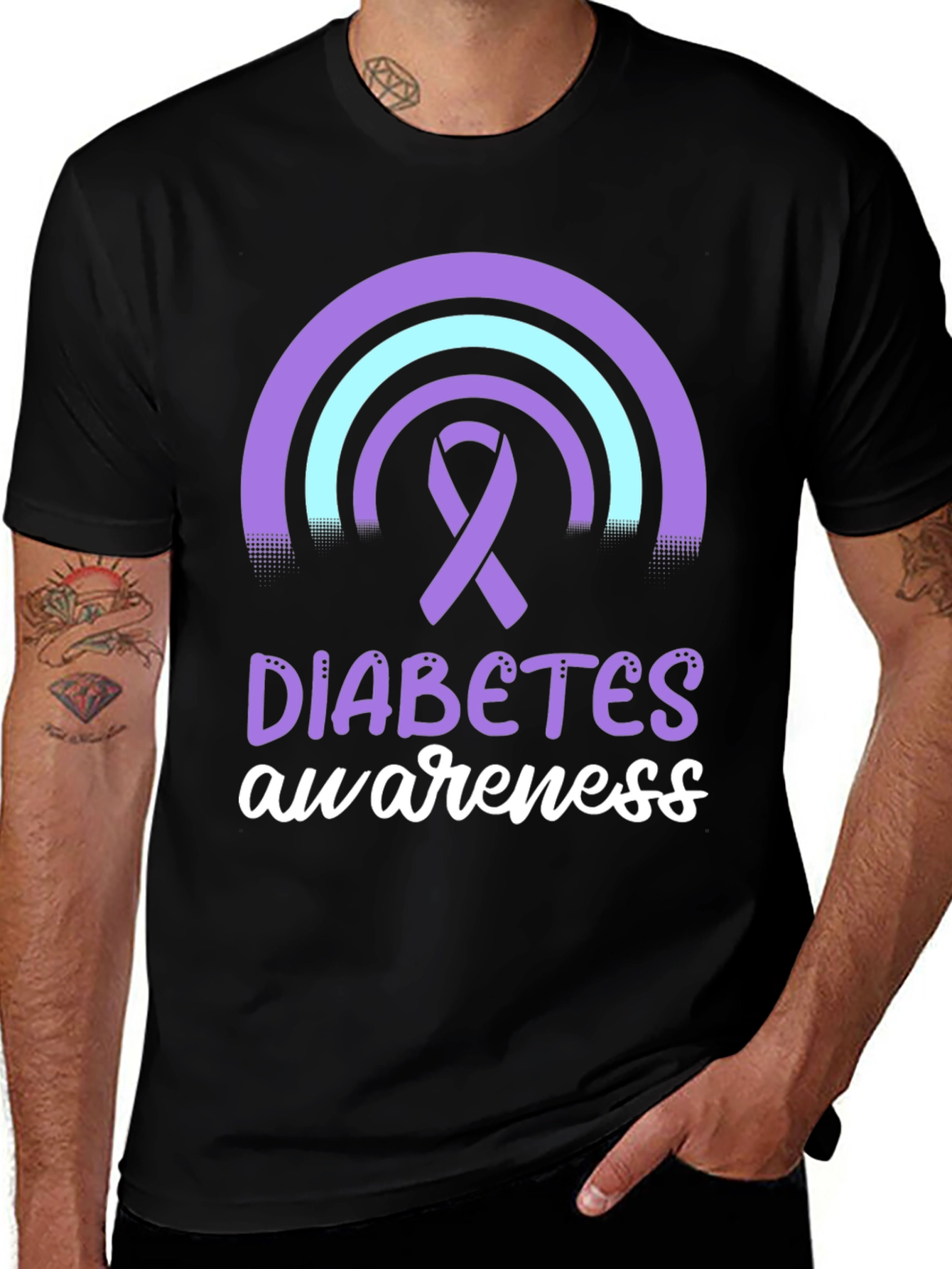 Black Diabetes Awareness T-Shirt Ribbon Rainbow Design main image