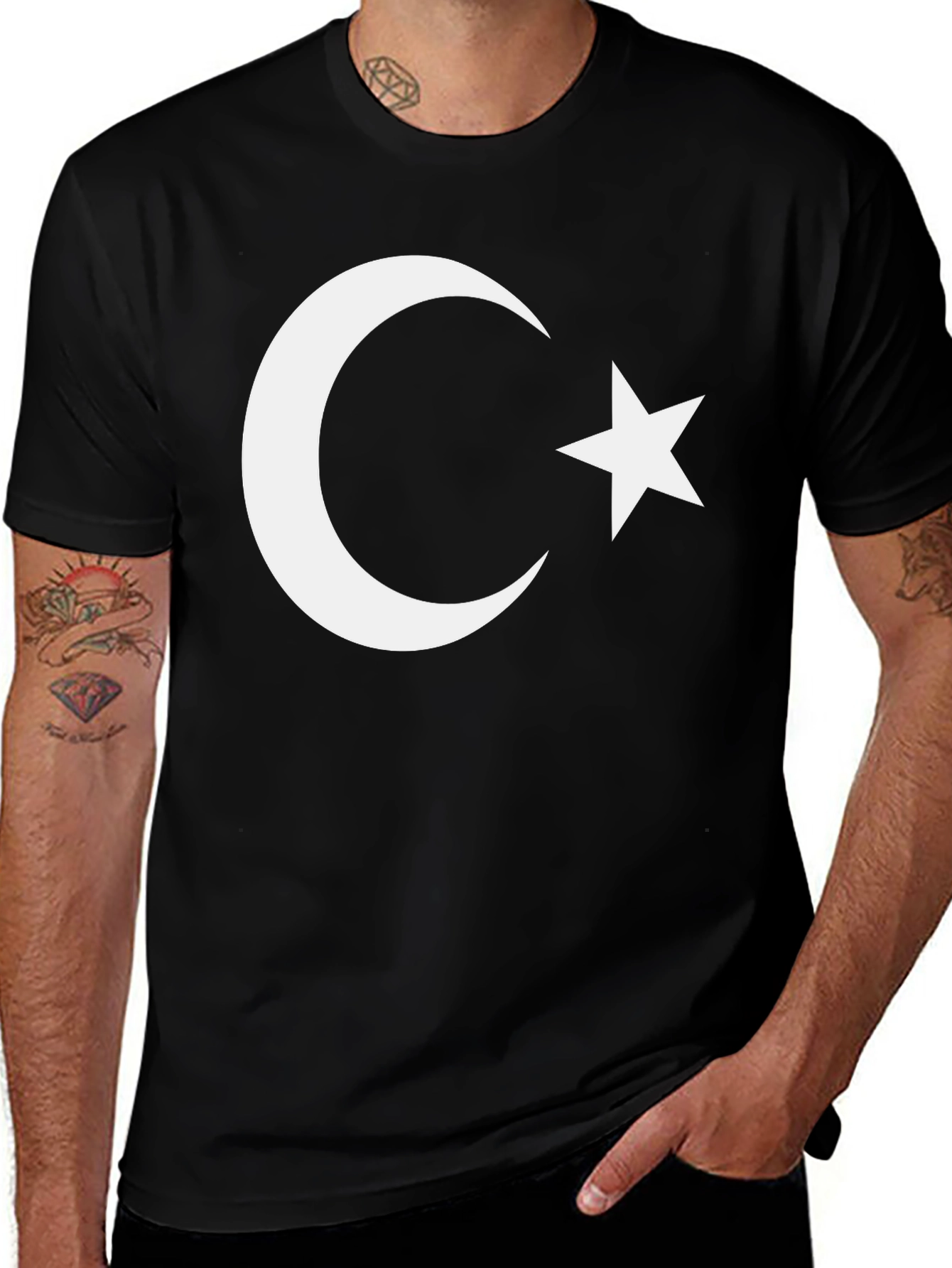 Variant 30 of Crescent Moon & Star Graphic Tee - Black Cotton Shirt