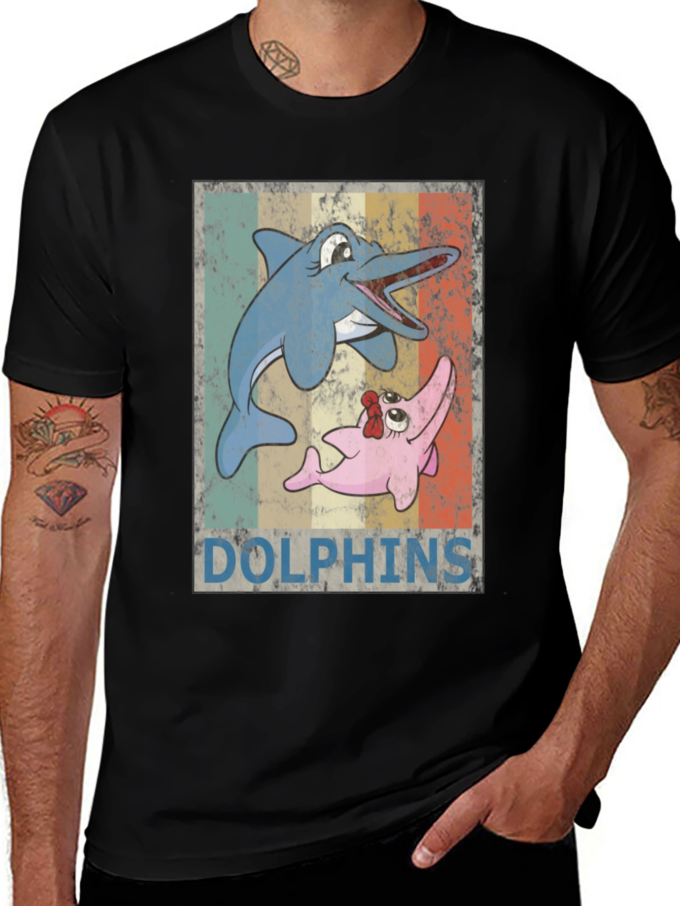 Black Retro Dolphin Cartoon T-Shirt main image