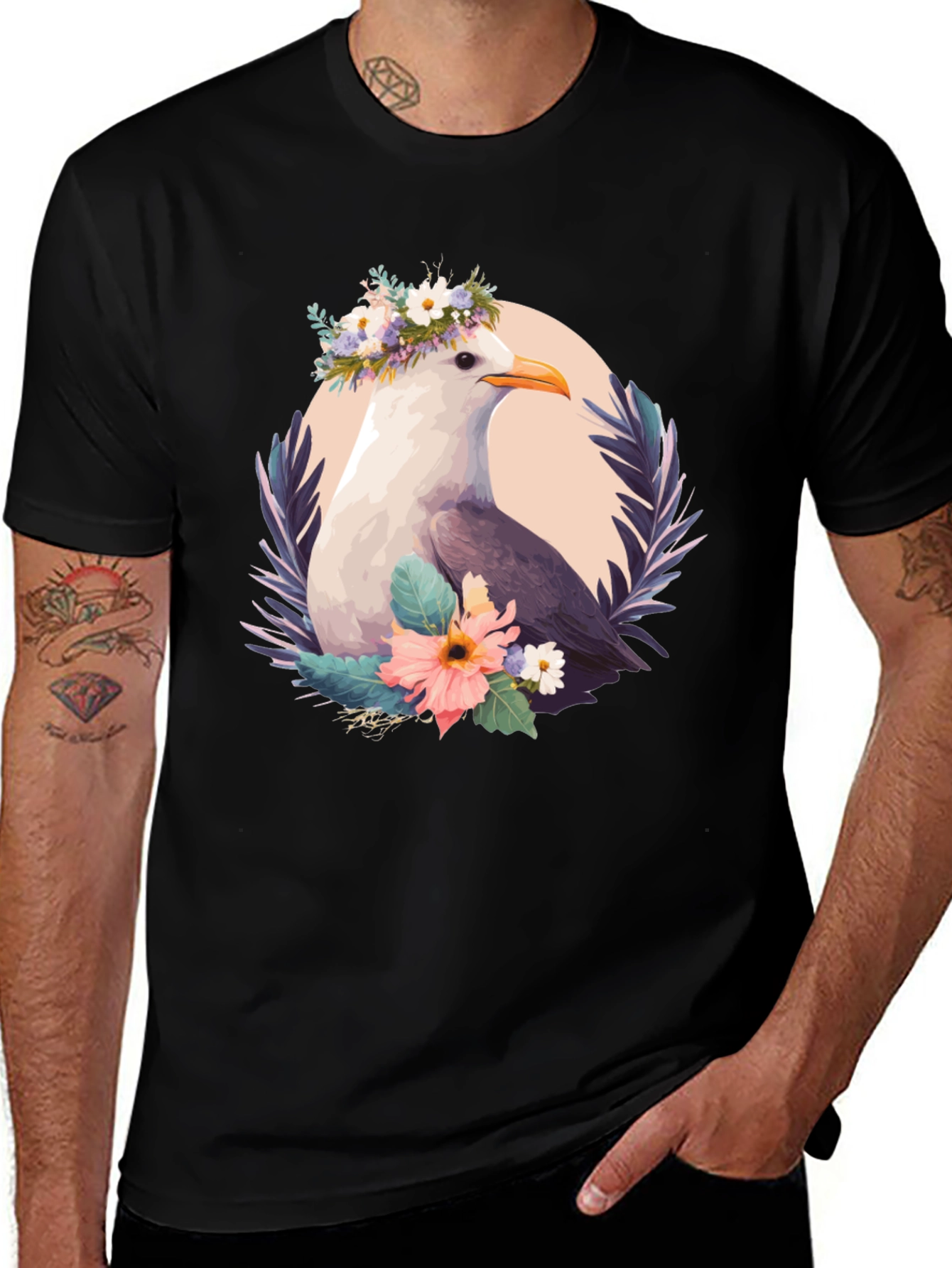 Variant 11 of Seagull Floral Wreath Graphic Tee - Black