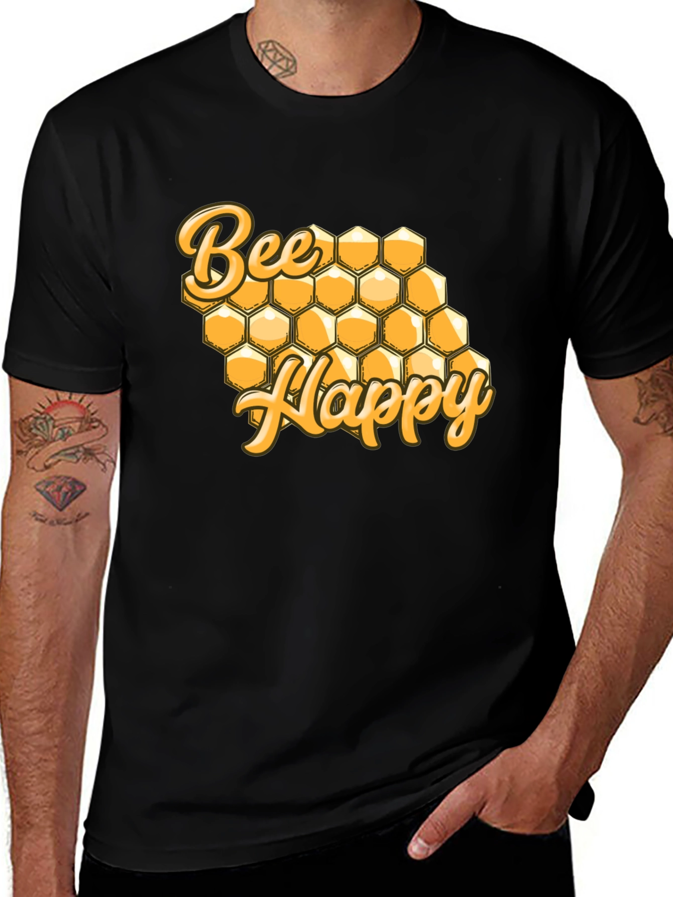 Variant 4 of Bee Happy Honeycomb Graphic Tee - Black T-Shirt