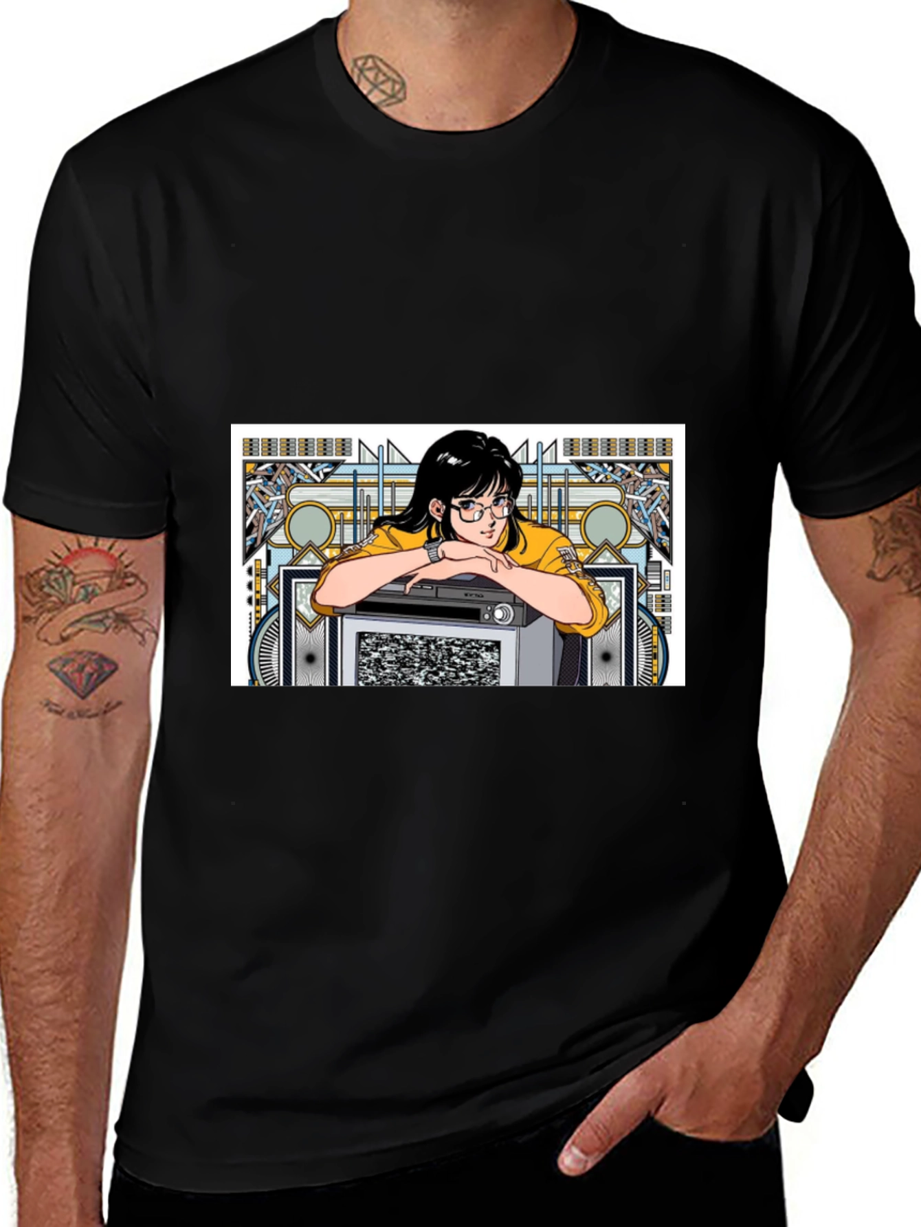 Variant 8 of Retro Anime Girl TV Graphic Tee - Black Cotton T-Shirt