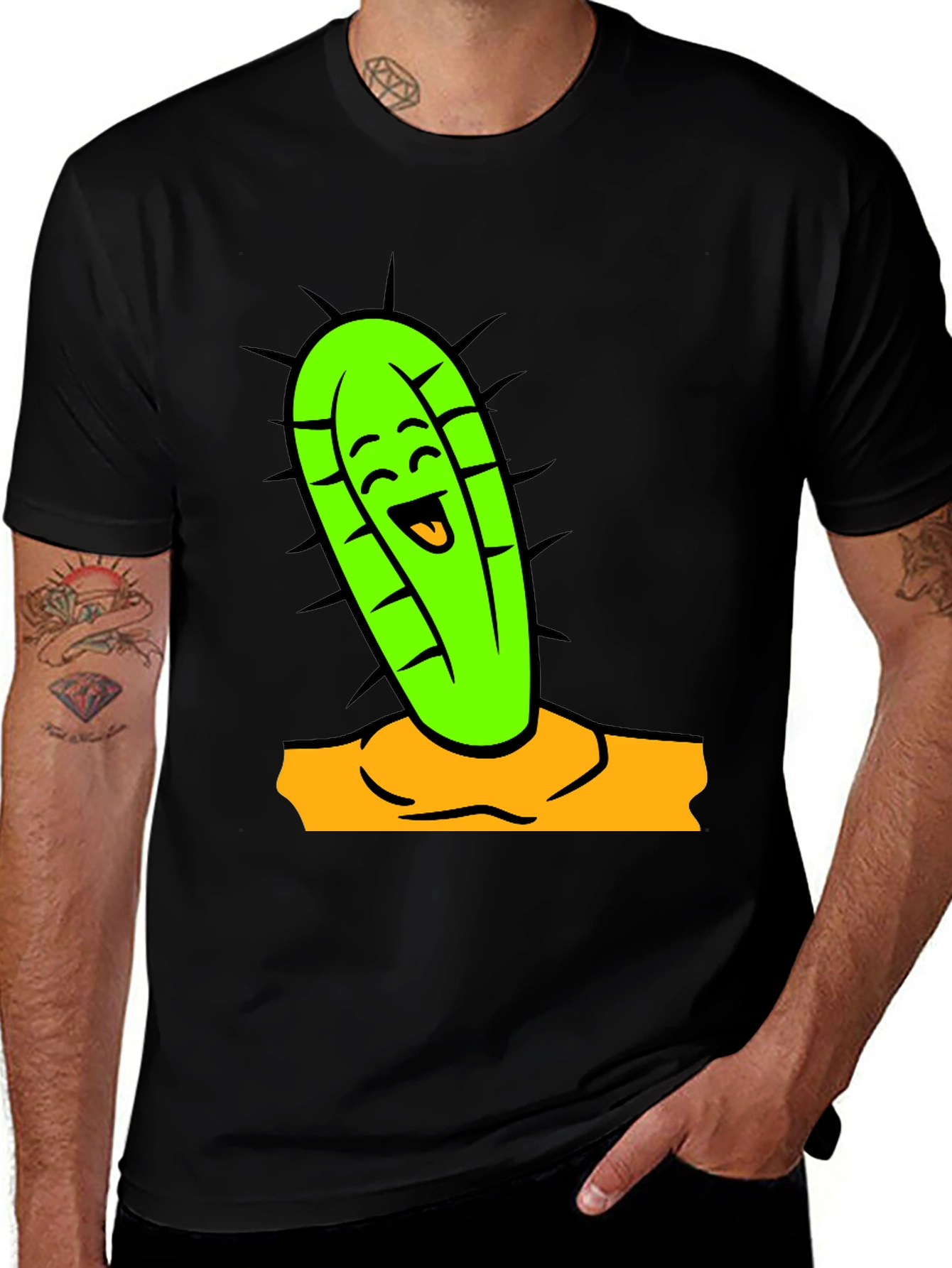 Variant 7 of Funny Cactus Graphic Tee - Black Cotton Shirt
