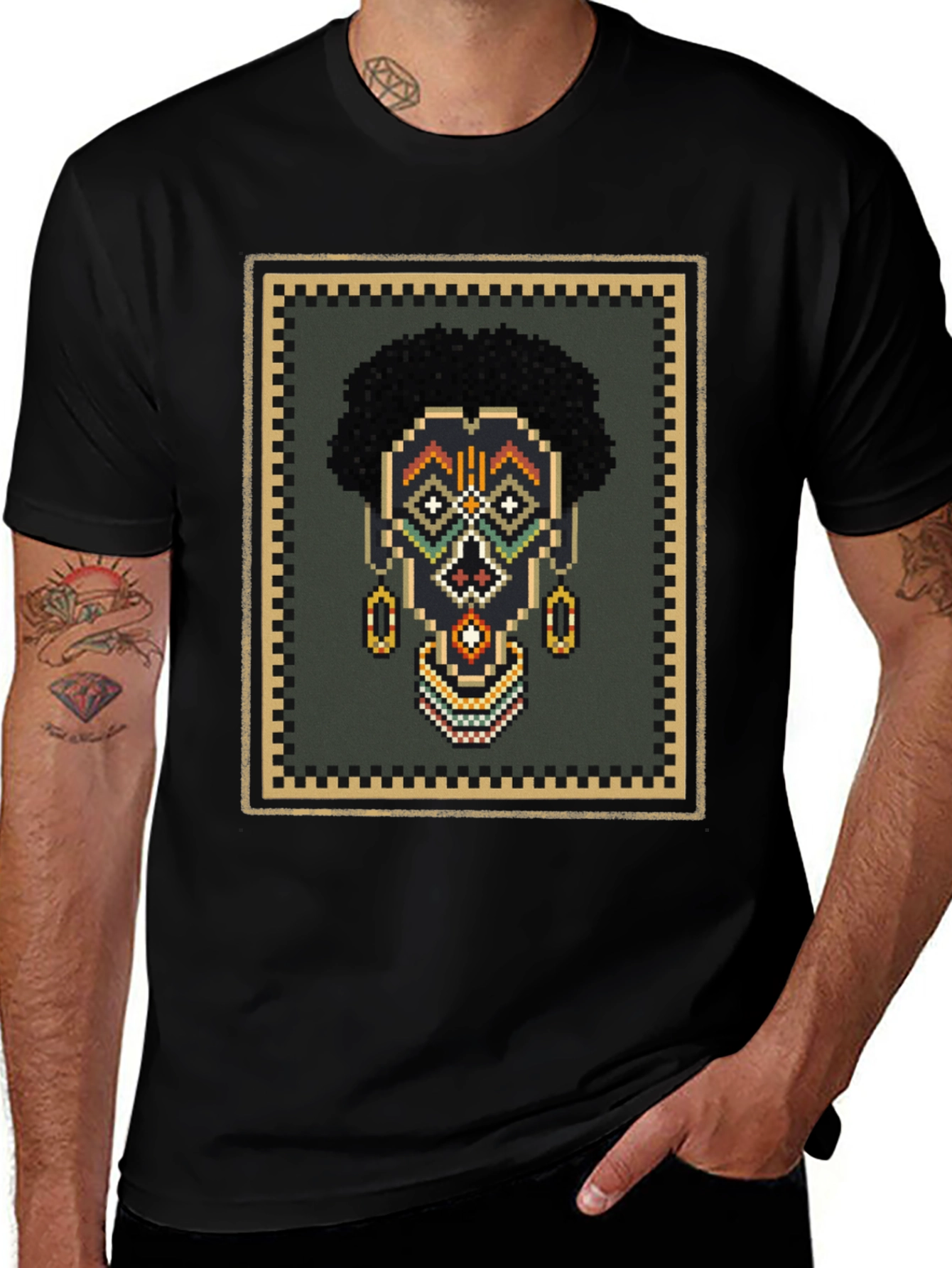 Pixel Art African Mask Graphic T-Shirt