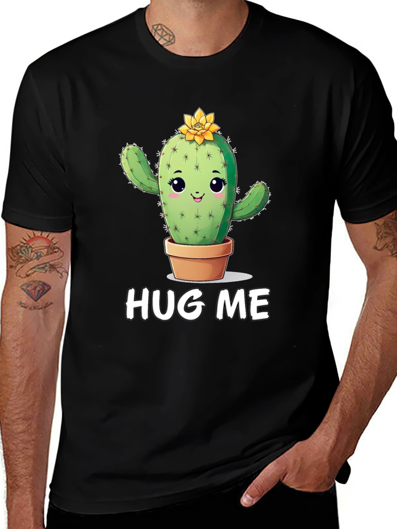 Variant 19 of Cute Cactus Graphic T-Shirt - Hug Me! Black Tee