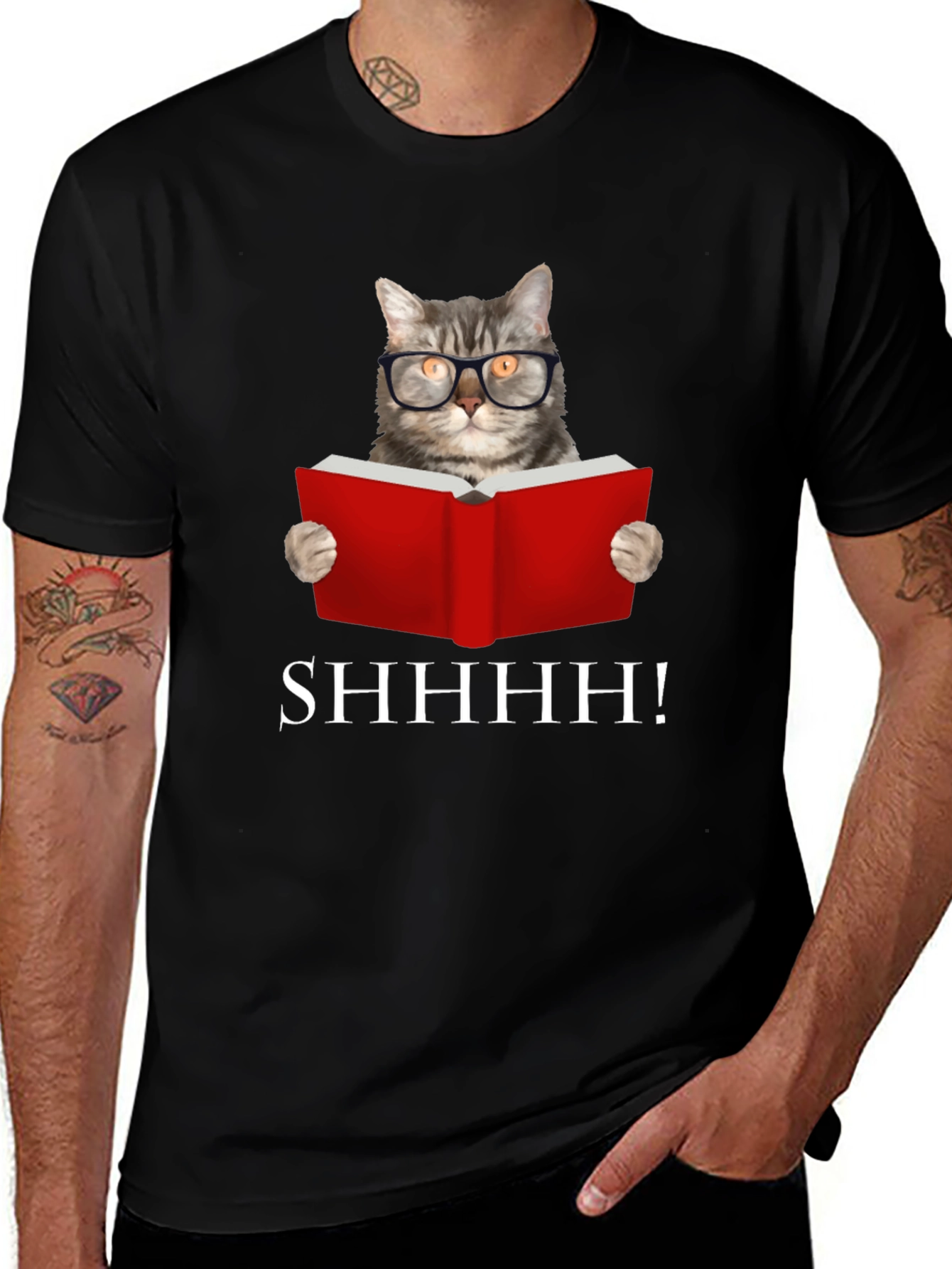 Variant 29 of Shhh! Cat Reading Book Graphic Tee - Black
