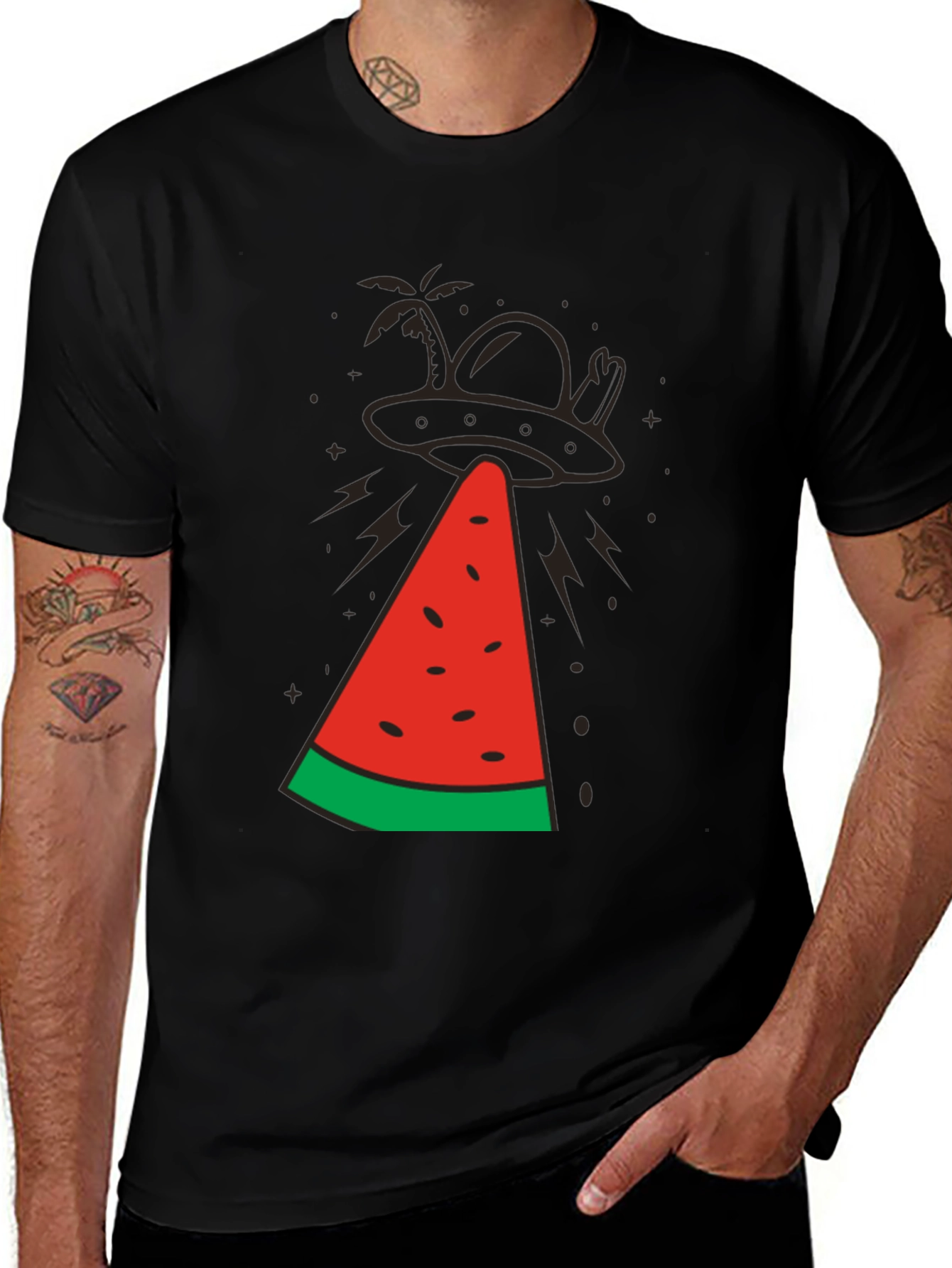 Variant 12 of UFO Abducting Watermelon Graphic Tee - Black Cotton