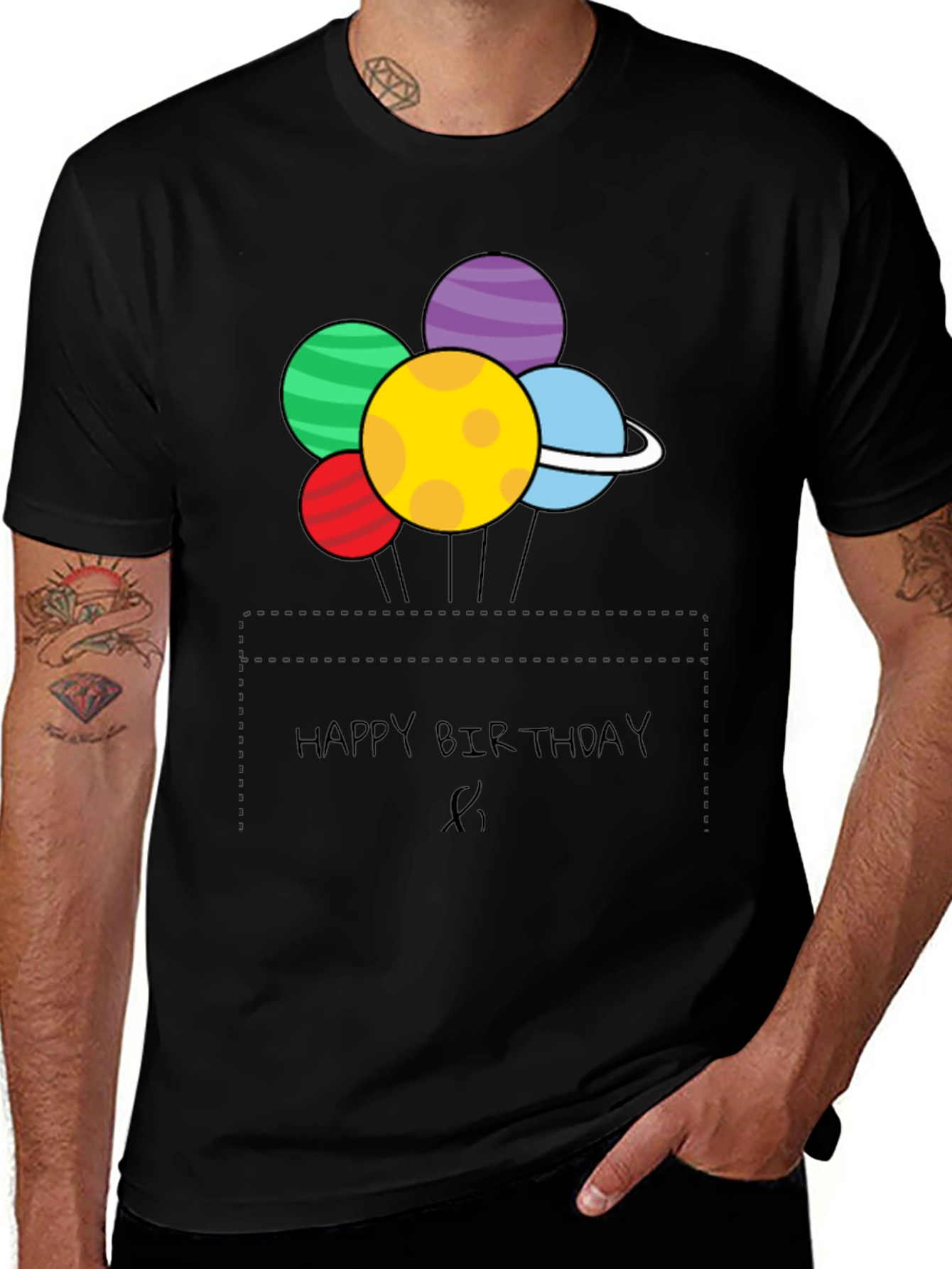 Black Happy Birthday Planet Balloons Graphic Tee main image