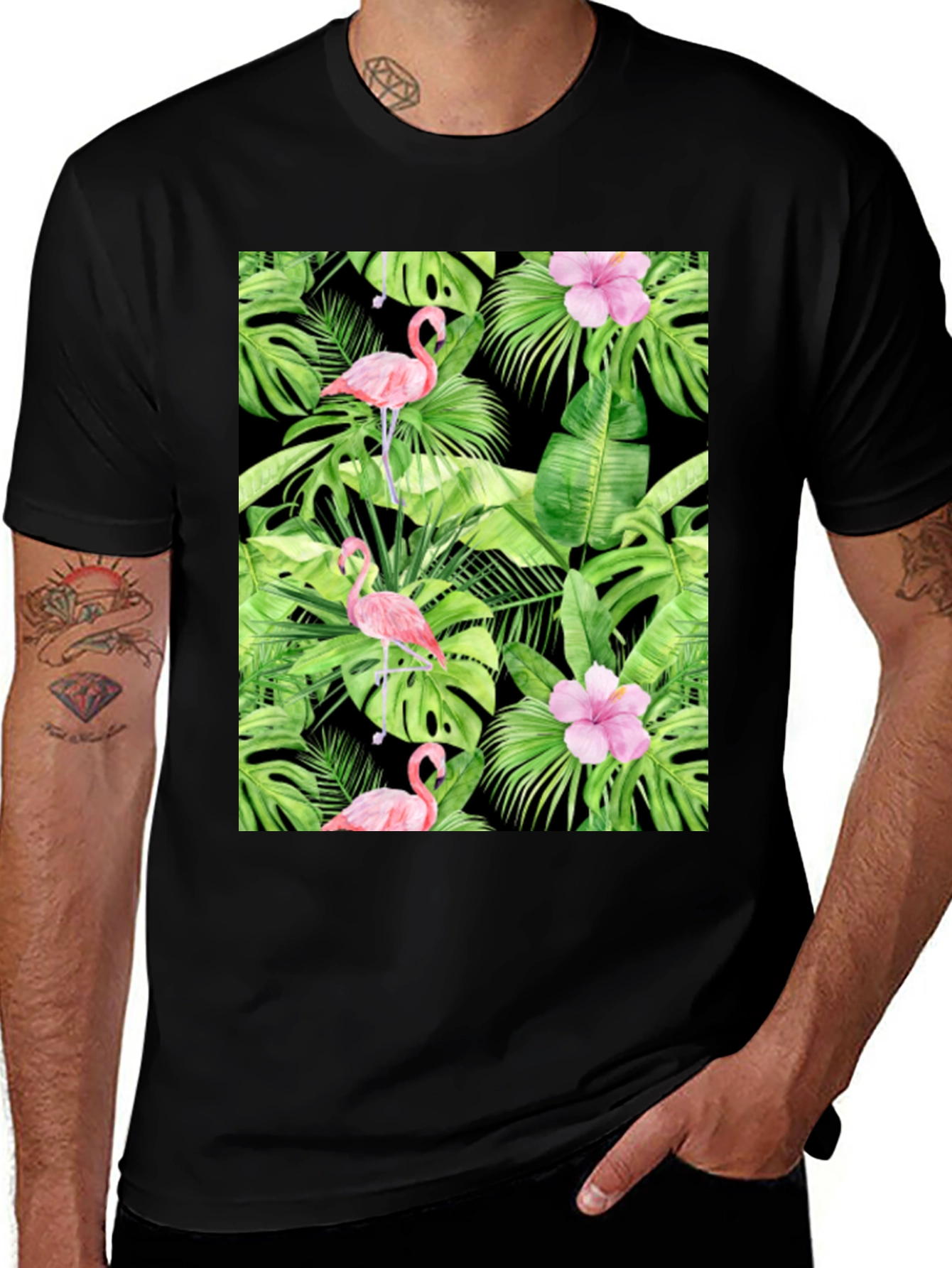 Variant 22 of Tropical Flamingo Print Black T-Shirt