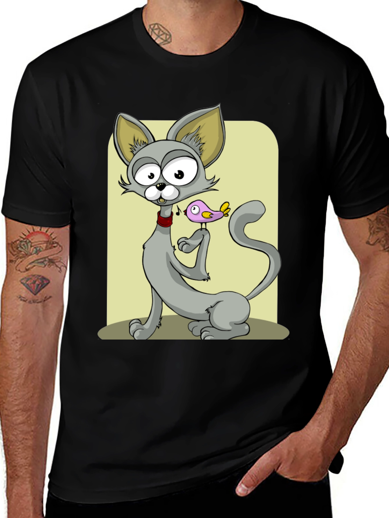 Variant 2 of Cartoon Cat & Bird Graphic Tee - Black Cotton T-Shirt