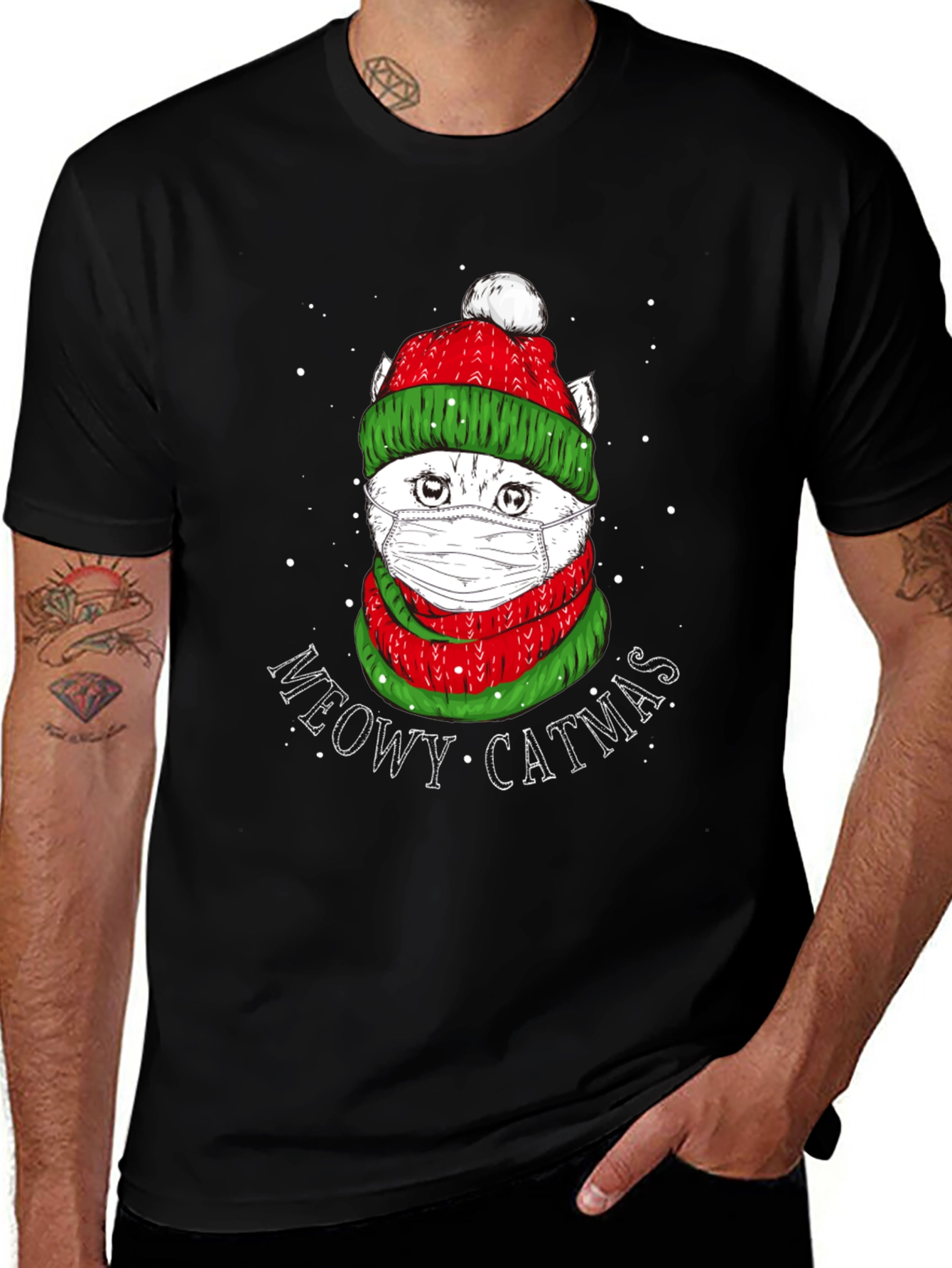 Meowy Catmas T-Shirt - Festive Cat in Mask