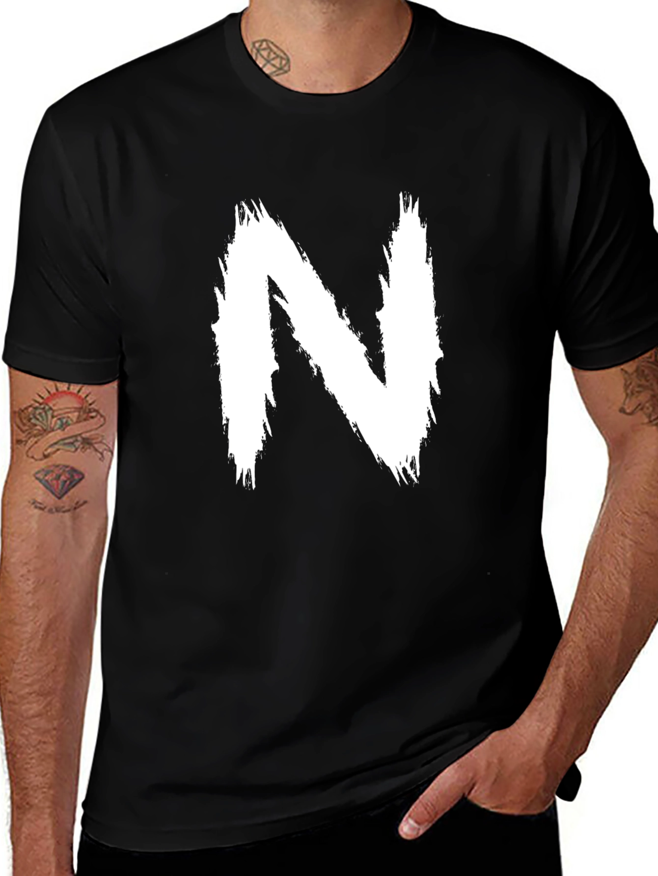 Variant 26 of Edgy Letter N Graphic Tee - Black Cotton Blend