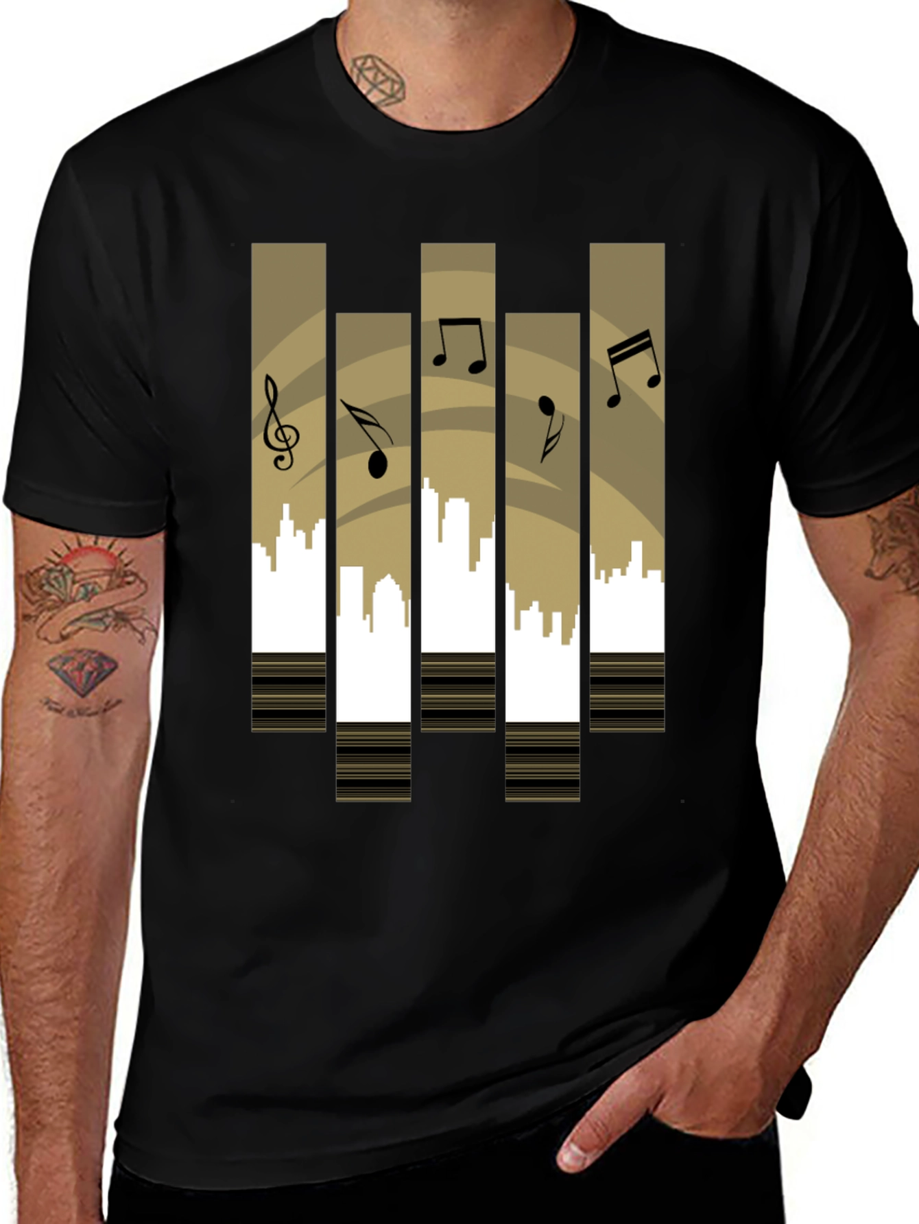 Variant 2 of Musical Cityscape Graphic Tee - Black Cotton Blend