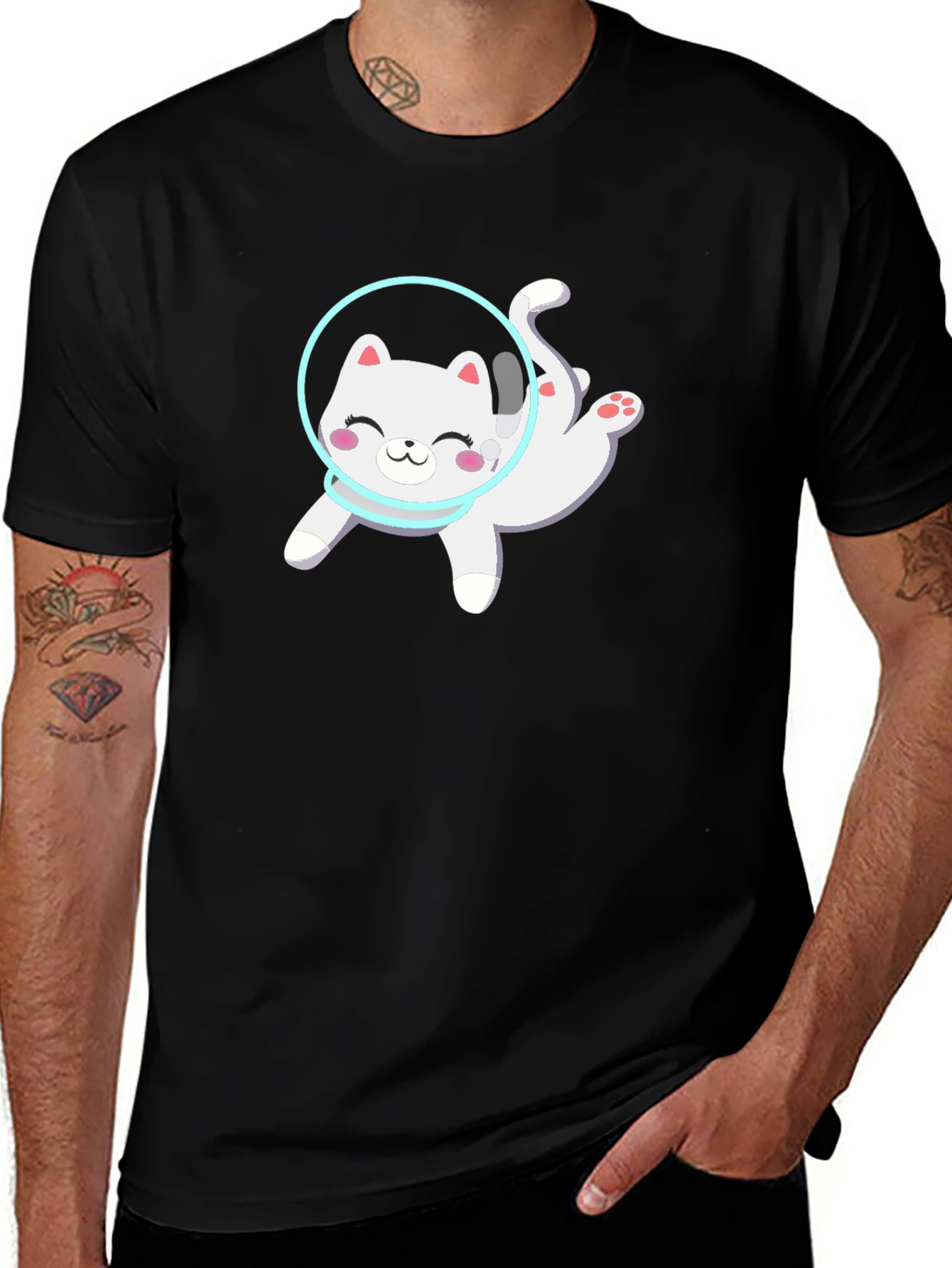 Variant 7 of Astronaut Cat Black T-Shirt - Cute Space Kitty Design