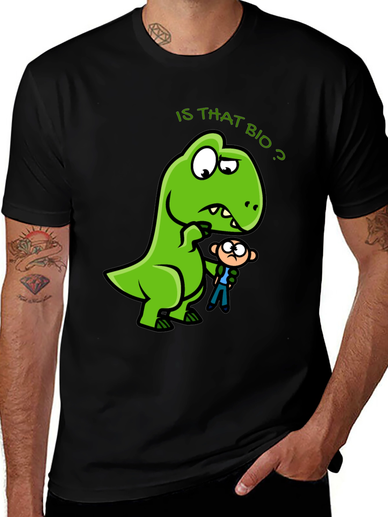Variant 4 of Dinosaur & Man Graphic Tee - Is That Bio? T-Shirt