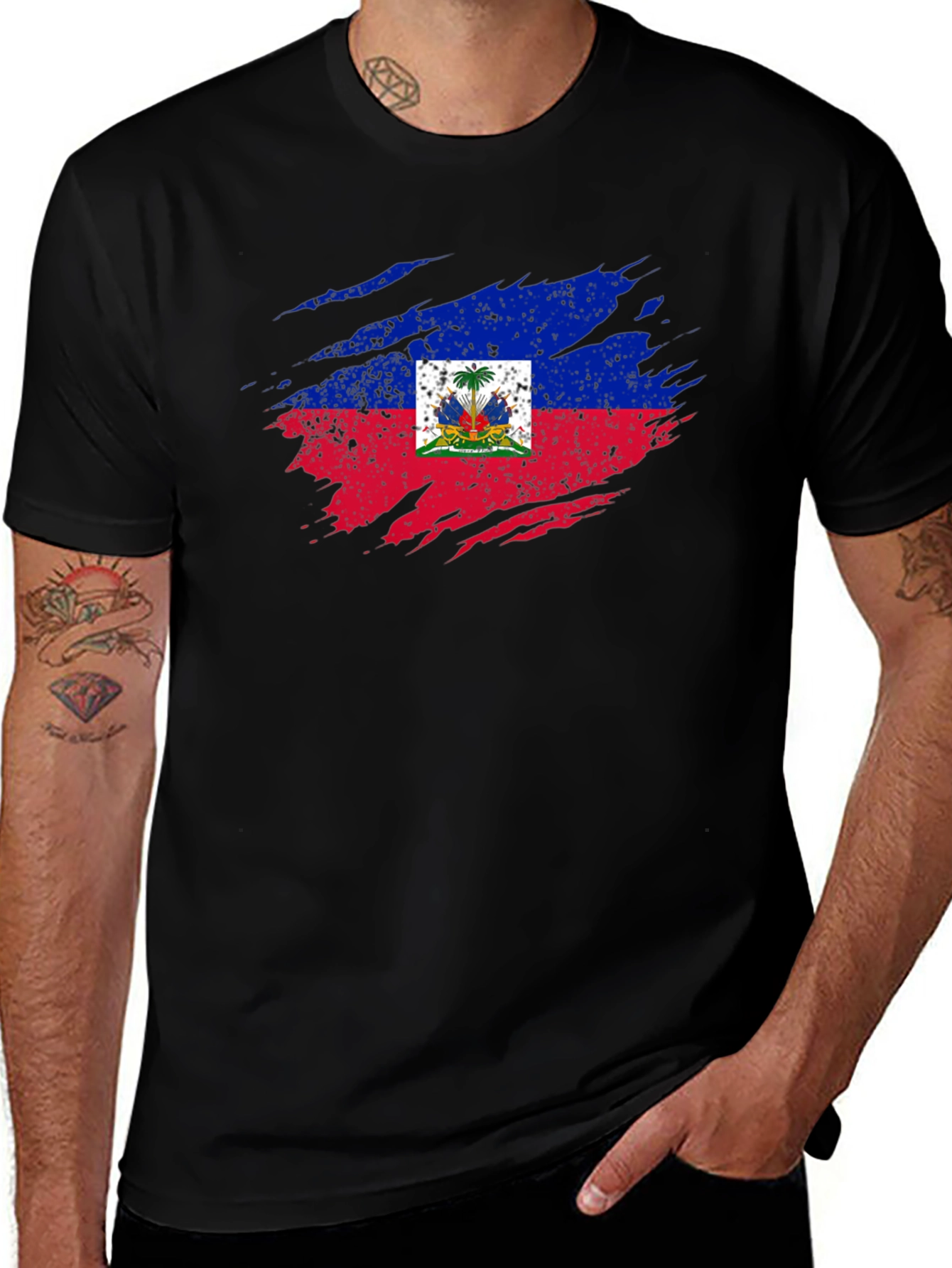 Variant 27 of Haiti Flag Distressed Black T-Shirt