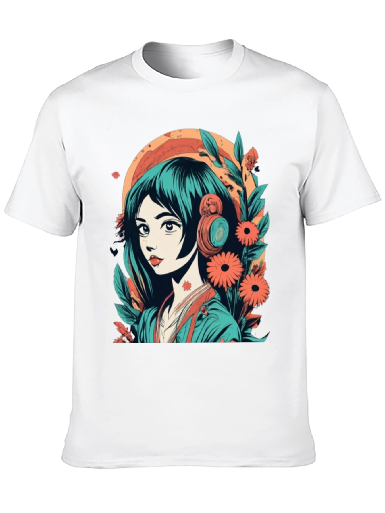 Black Anime Girl Graphic Tee - Floral & Headphones Design view 10