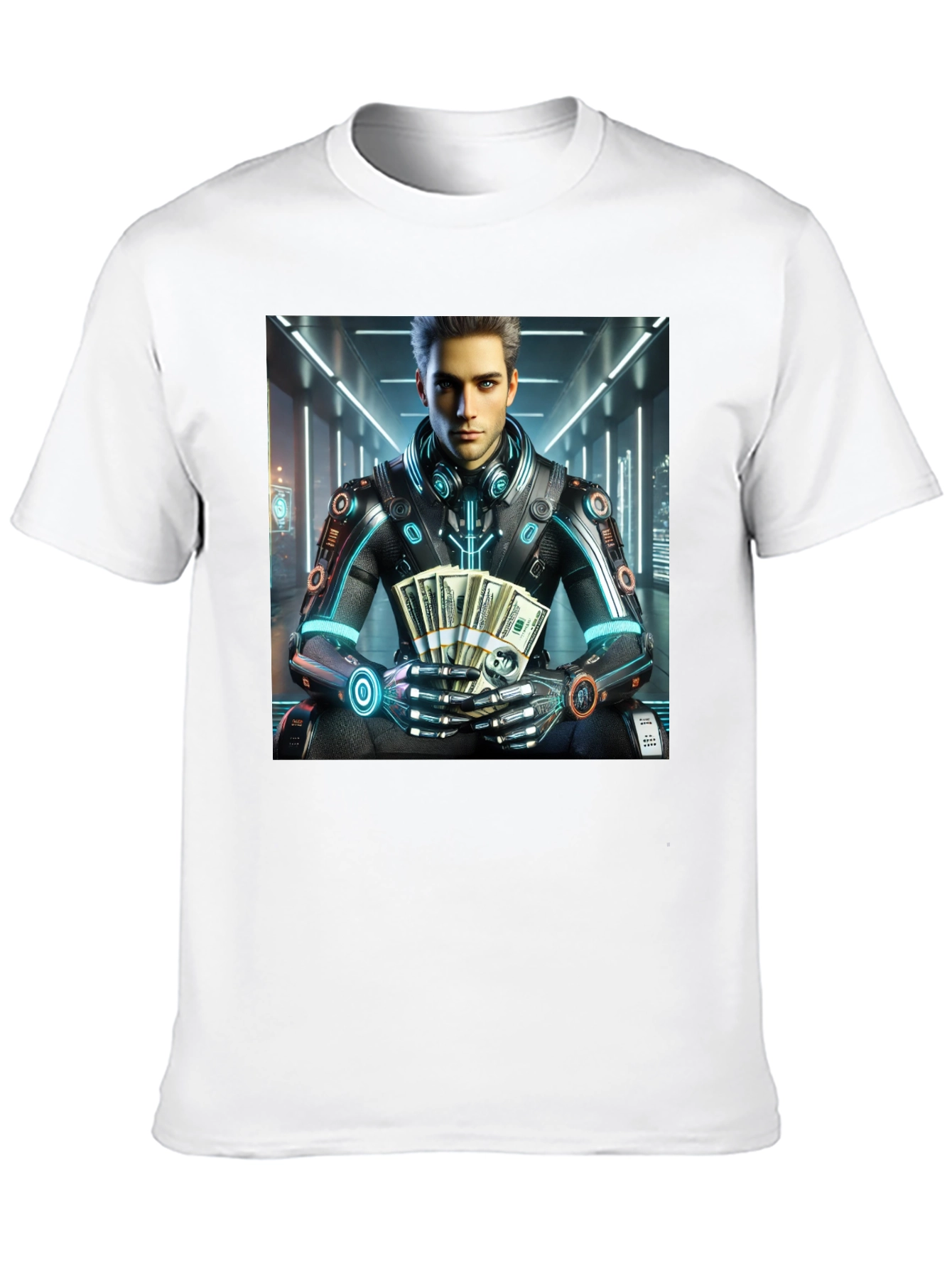 Black Cyberpunk Rich Guy T-Shirt - Futuristic Style view 10