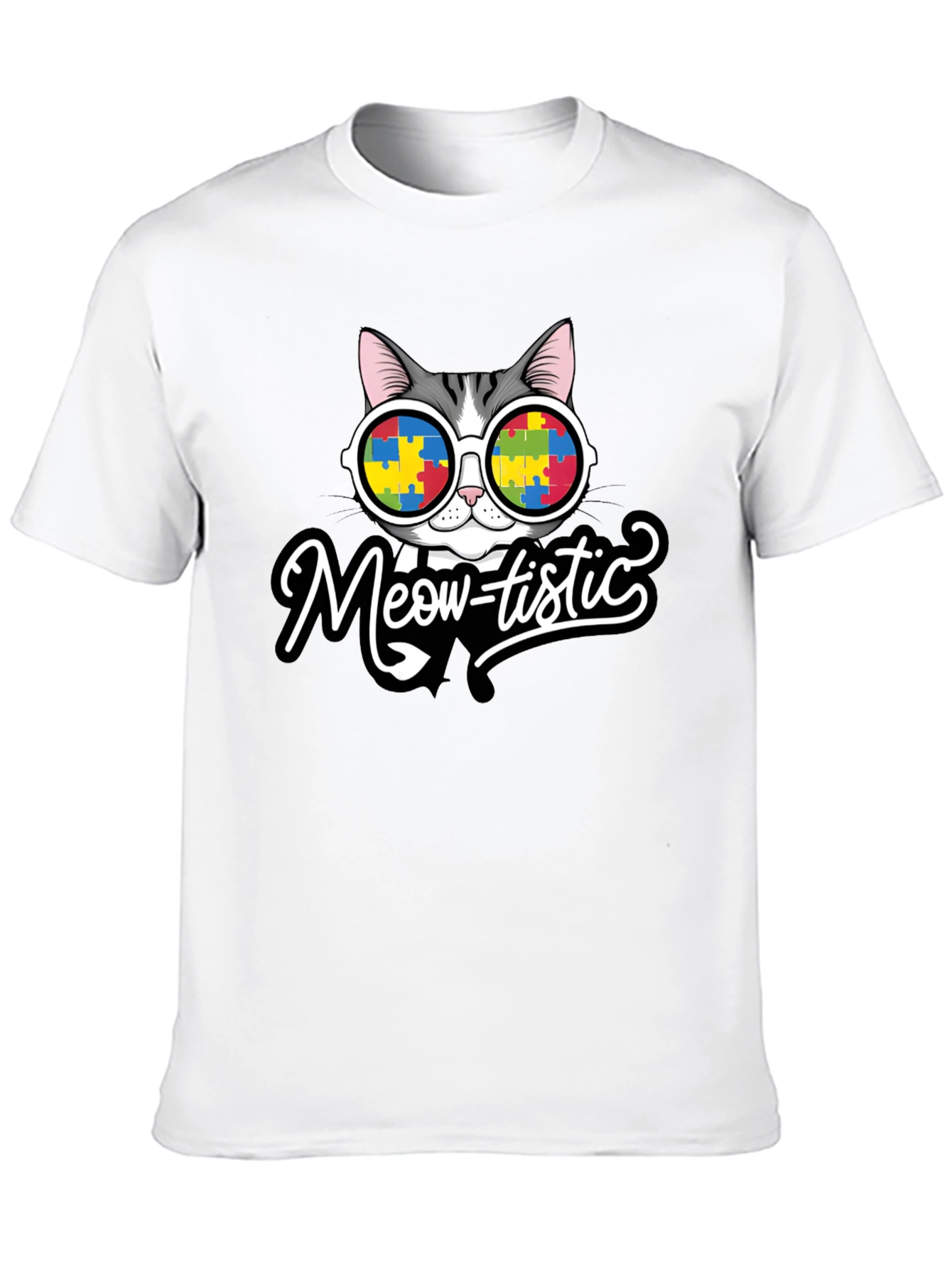 Black Meow-tistic Cat Autism Awareness T-Shirt view 10