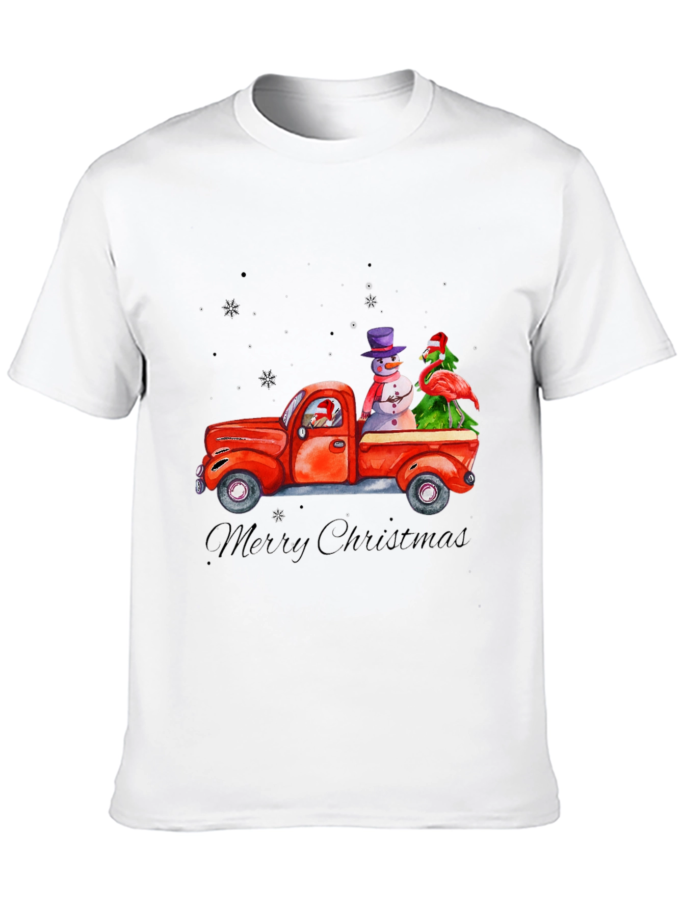 Black Christmas Truck T-Shirt with Snowman & Flamingo view 10