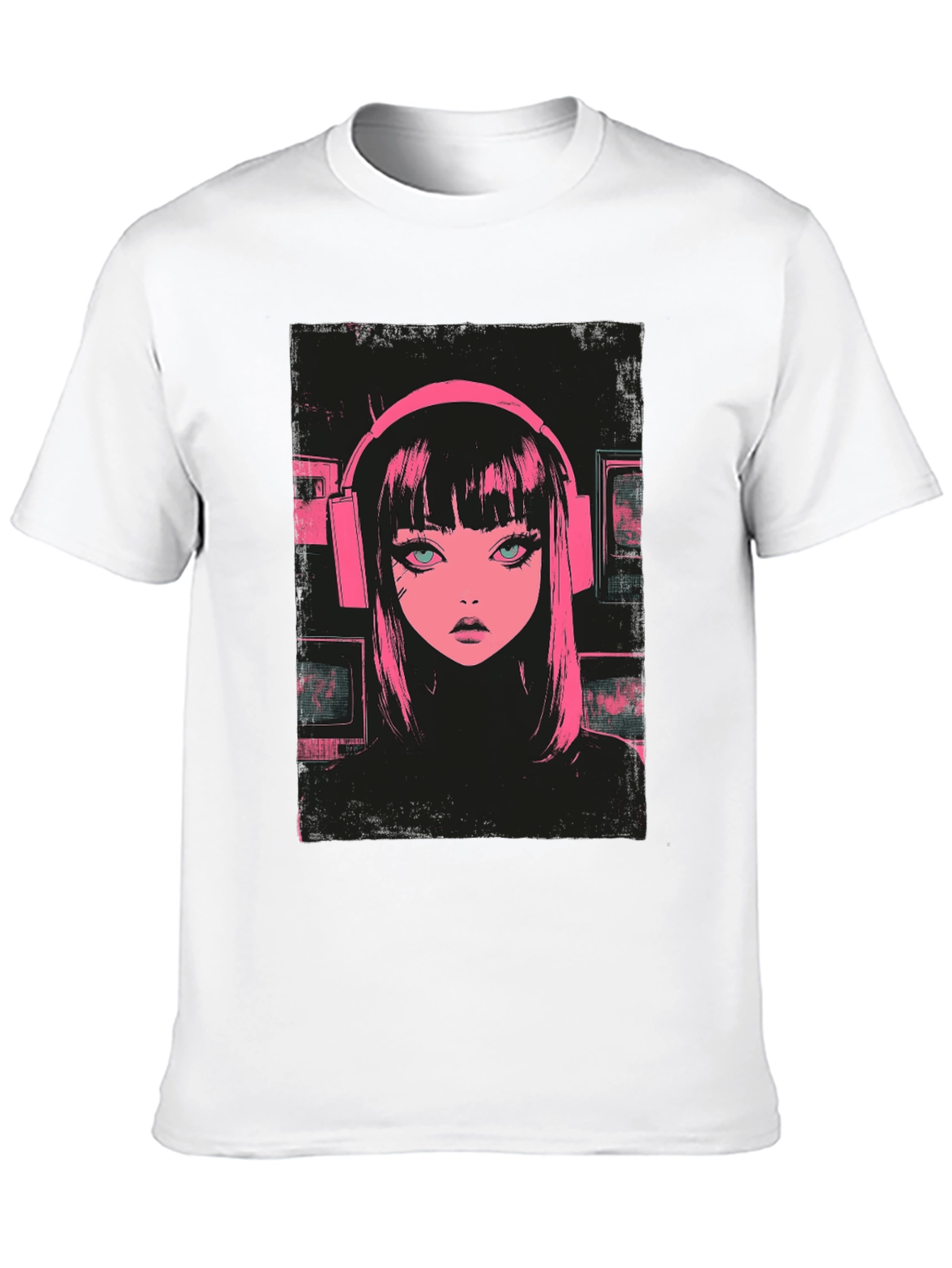 Black Anime Girl Pink Headphones Black T-Shirt view 10