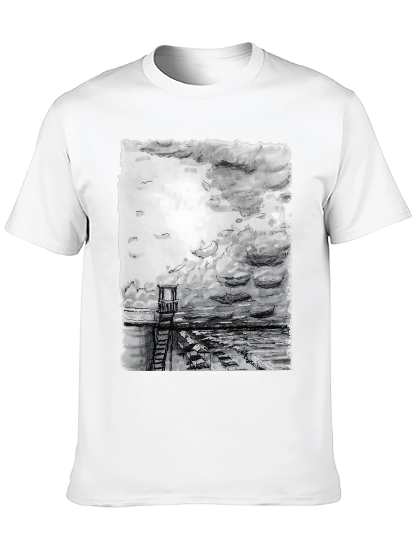 Black Monochrome Coastal Tower Graphic T-Shirt view 10