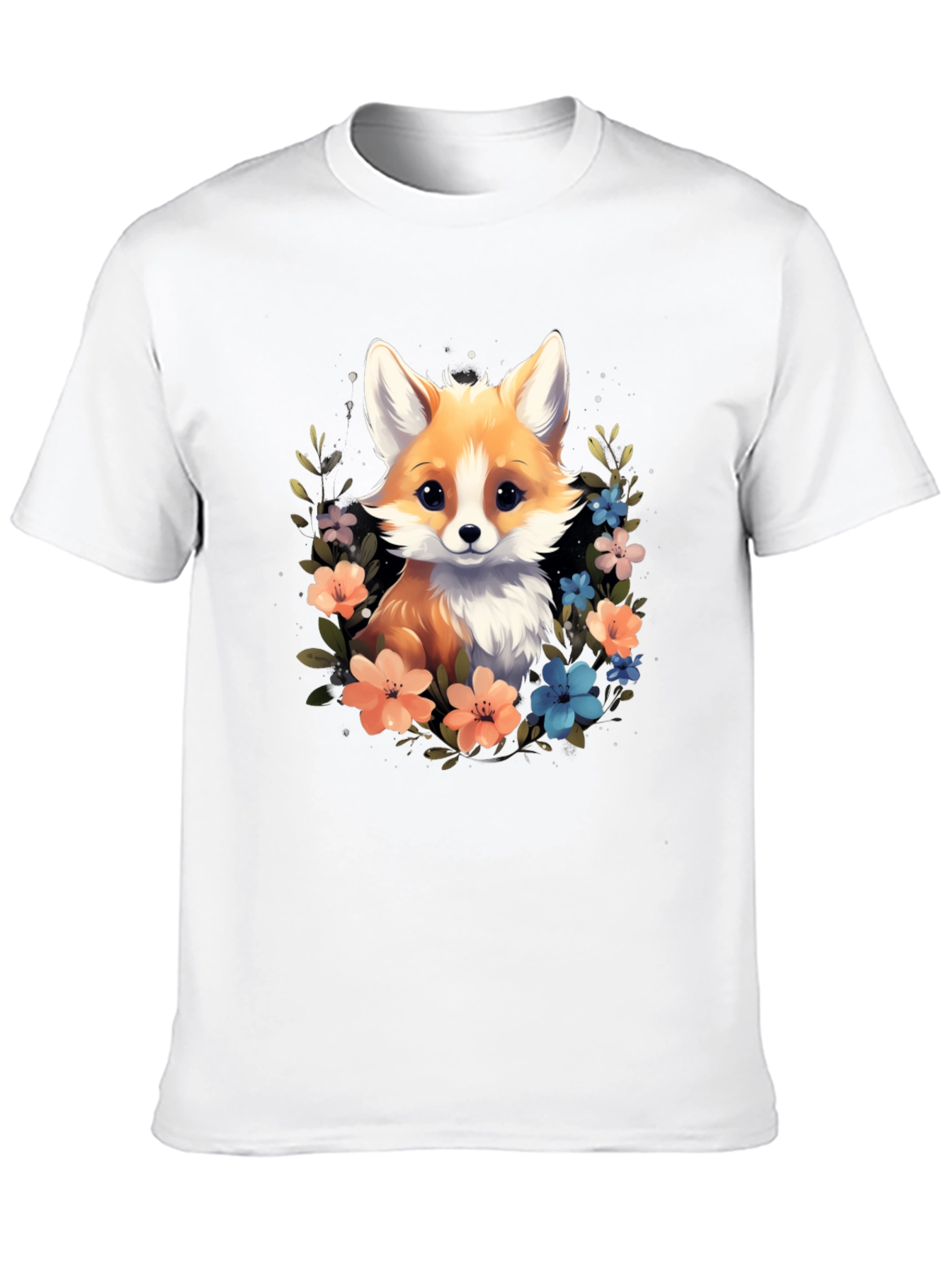 Black Cute Fox Floral Black T-Shirt view 10