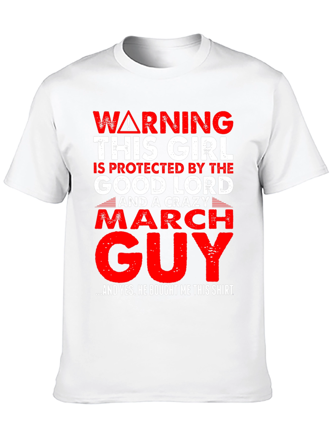 Black Warning Protected by Crazy March Guy T-Shirt view 10