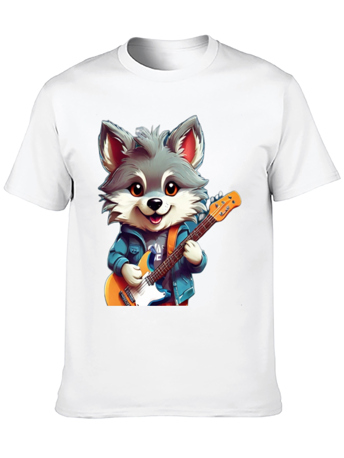 Black Cute Cartoon Wolf Guitarist Graphic Tee view 10