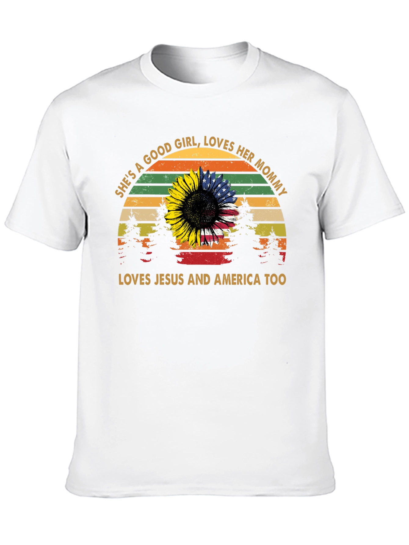 Black She's a Good Girl Tee: Sunflower & US Flag Design view 10