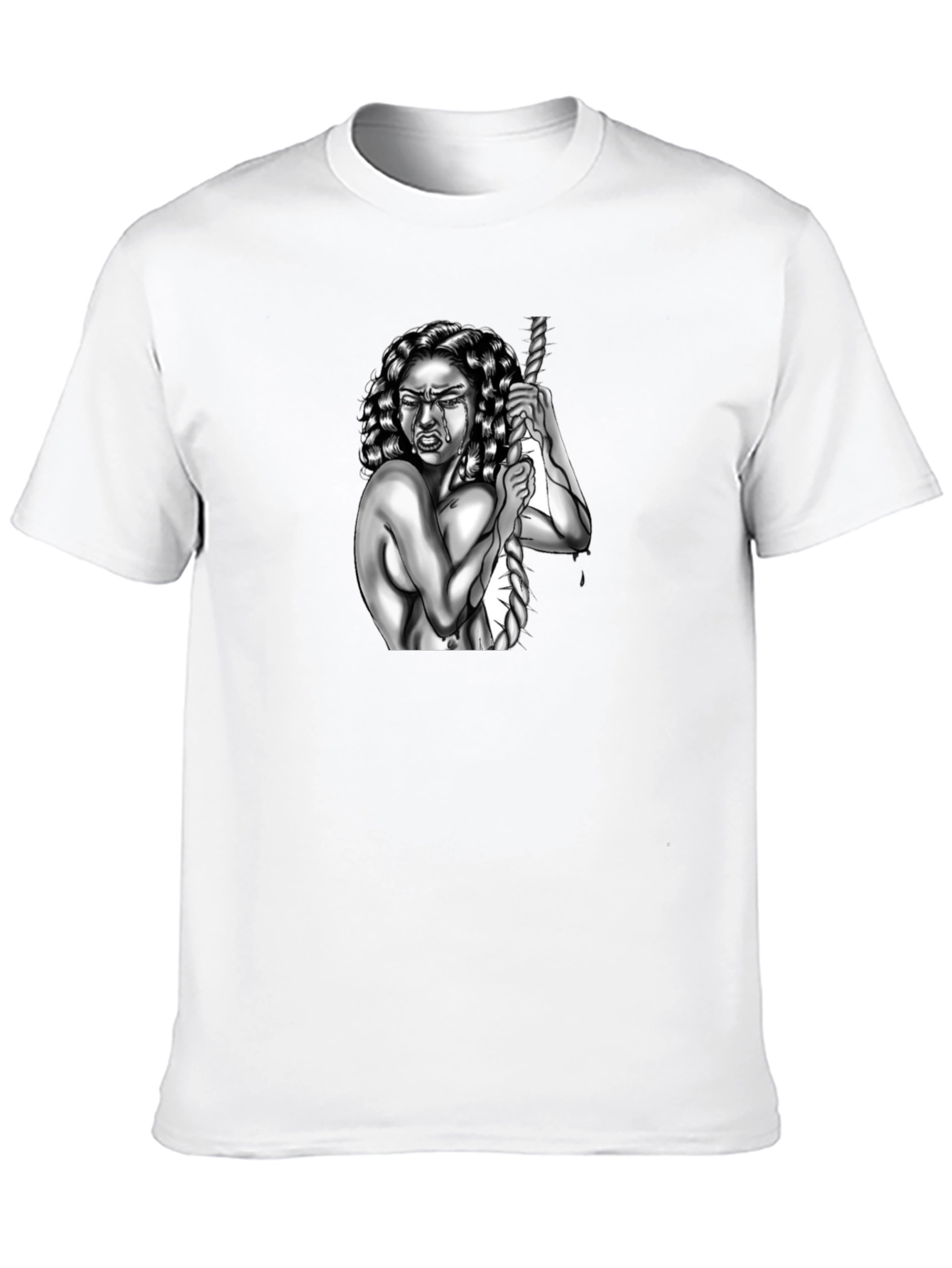 Black Edgy Graphic T-Shirt: Woman and Rope Design view 10