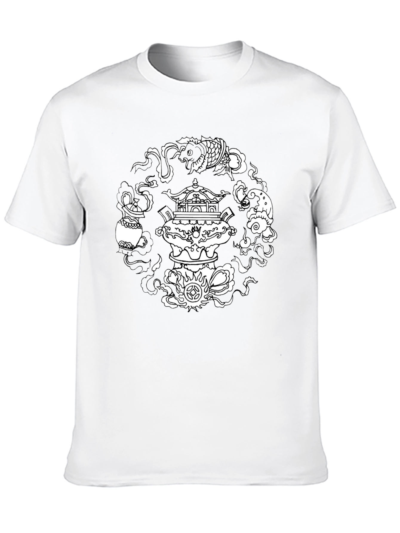 Black T-Shirt with Asian-Inspired White Graphic Design - 10