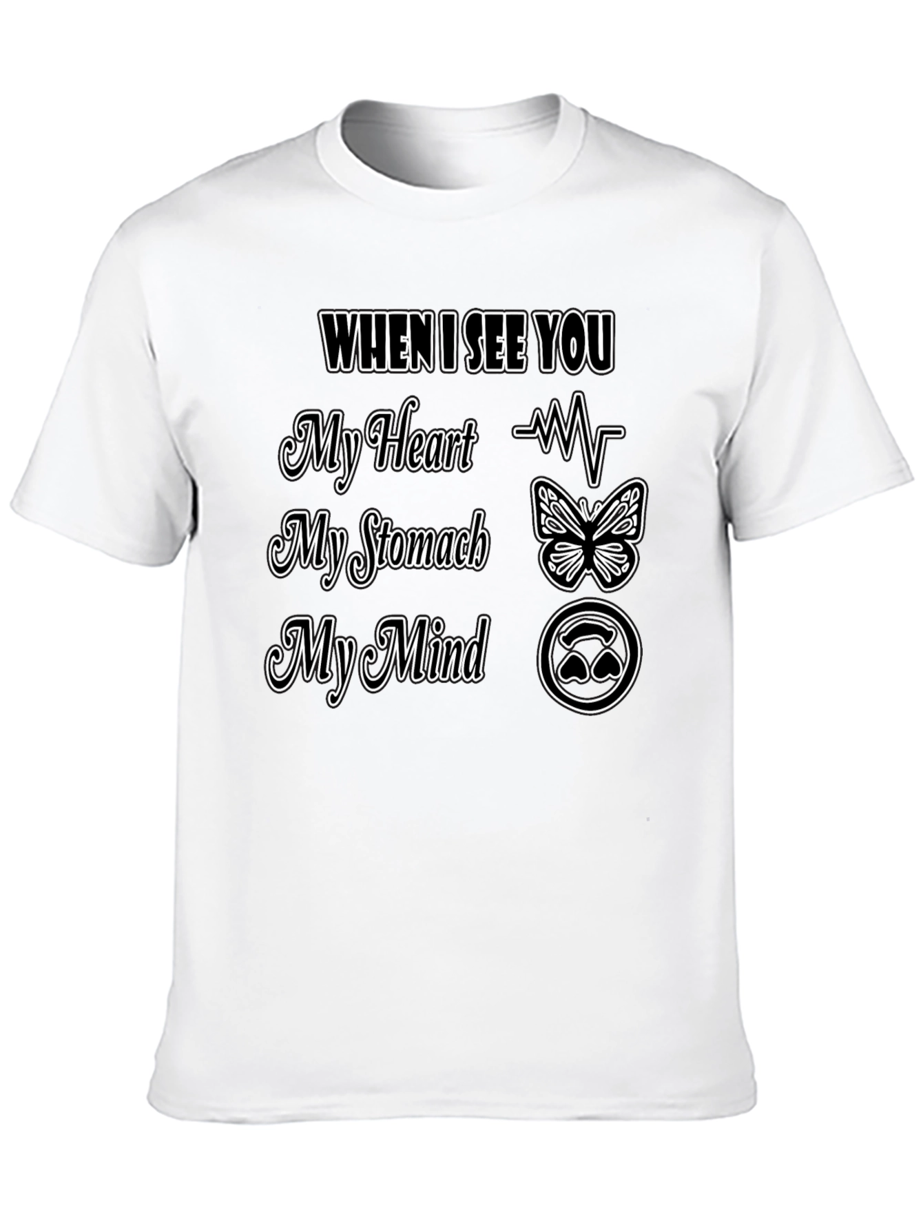 Black Romantic Love T-Shirt Heart Stomach Mind Design Tee view 10