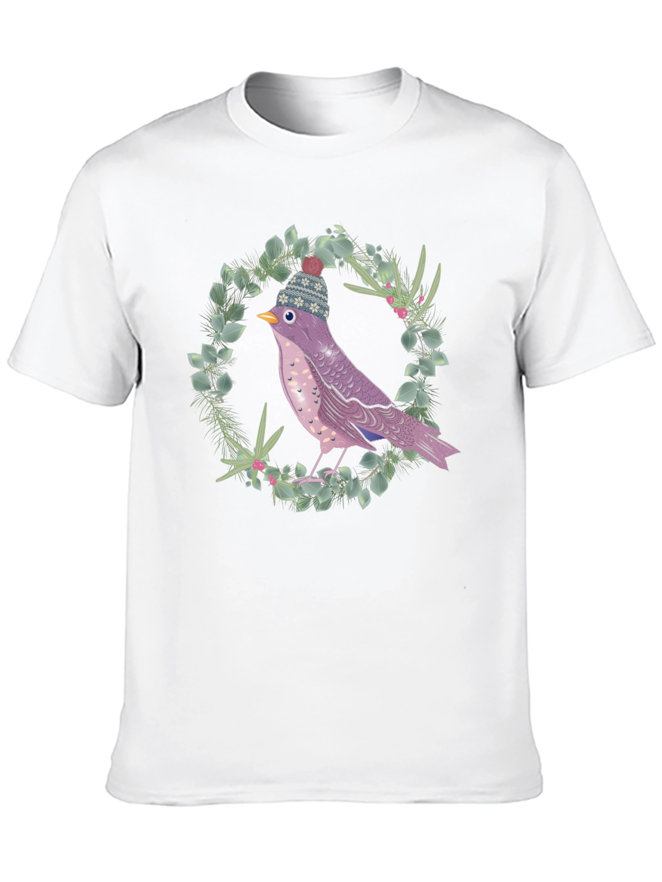 Black Whimsical Bird in Winter Hat T-Shirt view 10
