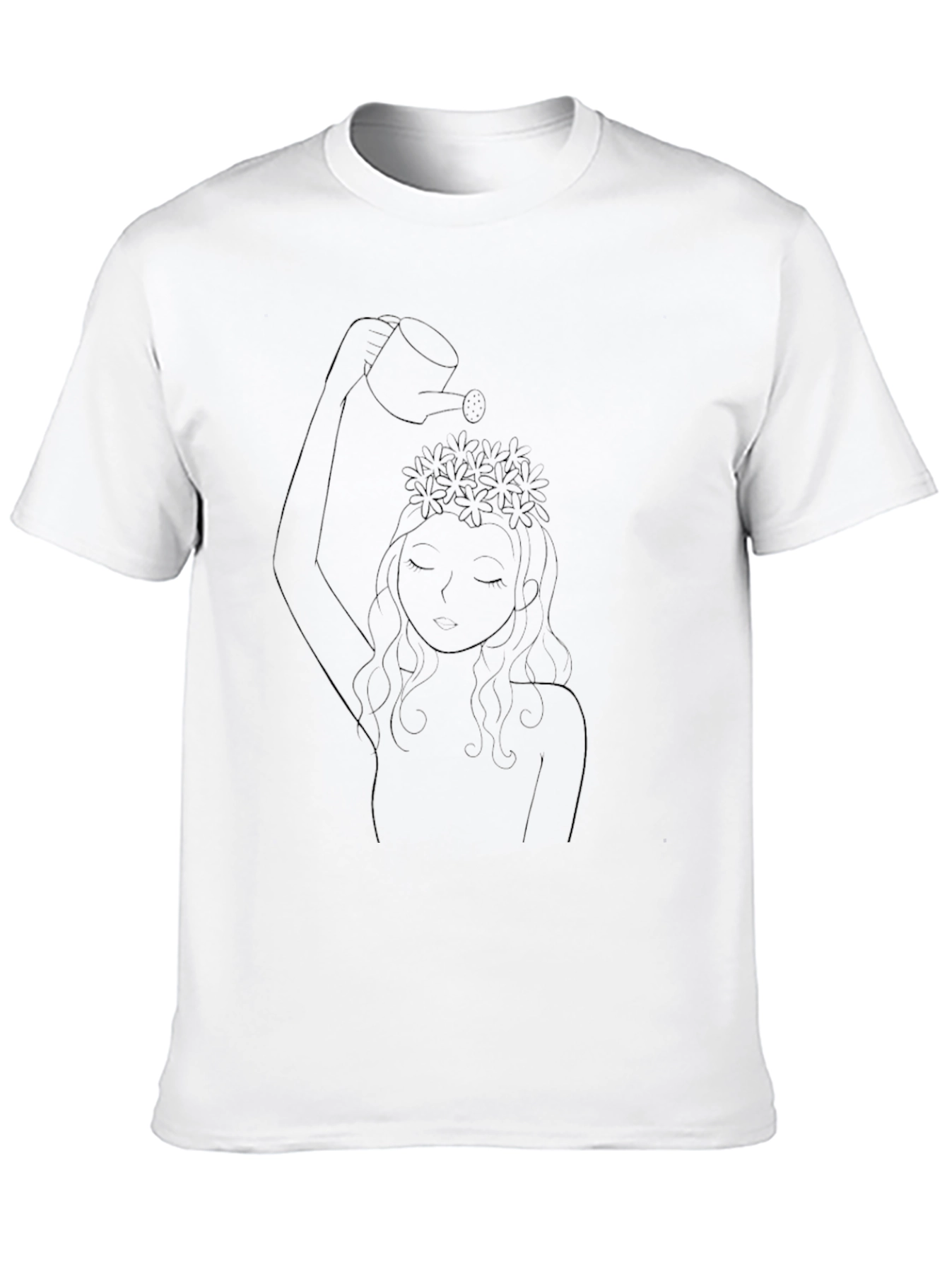 Black Black T-Shirt with Girl Watering Flowers Line Art view 10