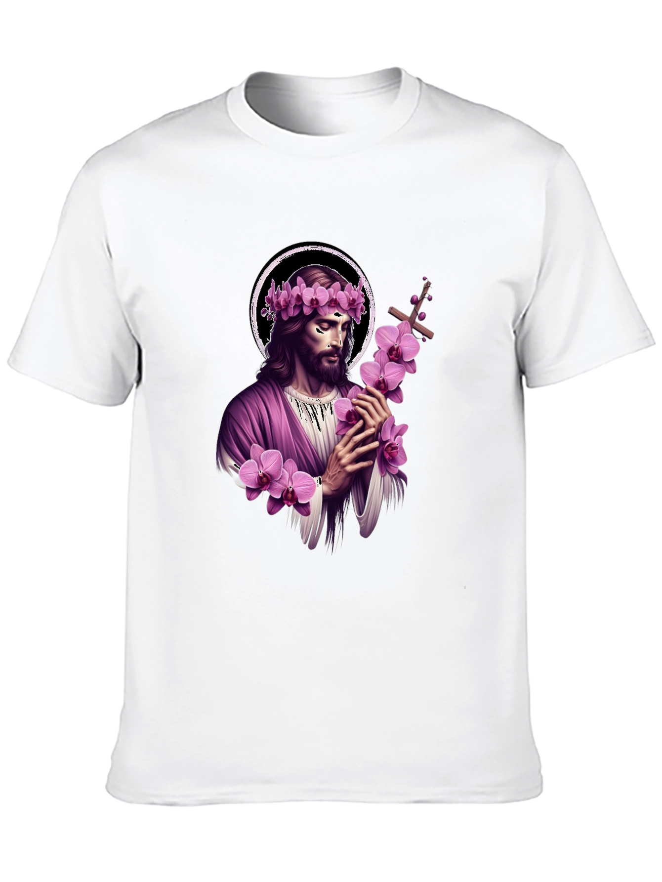 Black Jesus with Flowers Graphic T-Shirt - Soft Black Cotton Blend view 10