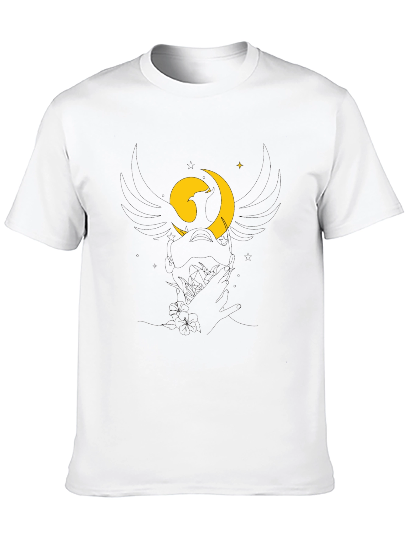 Black Black T-Shirt with Stylized Moon and Bird Graphic view 10