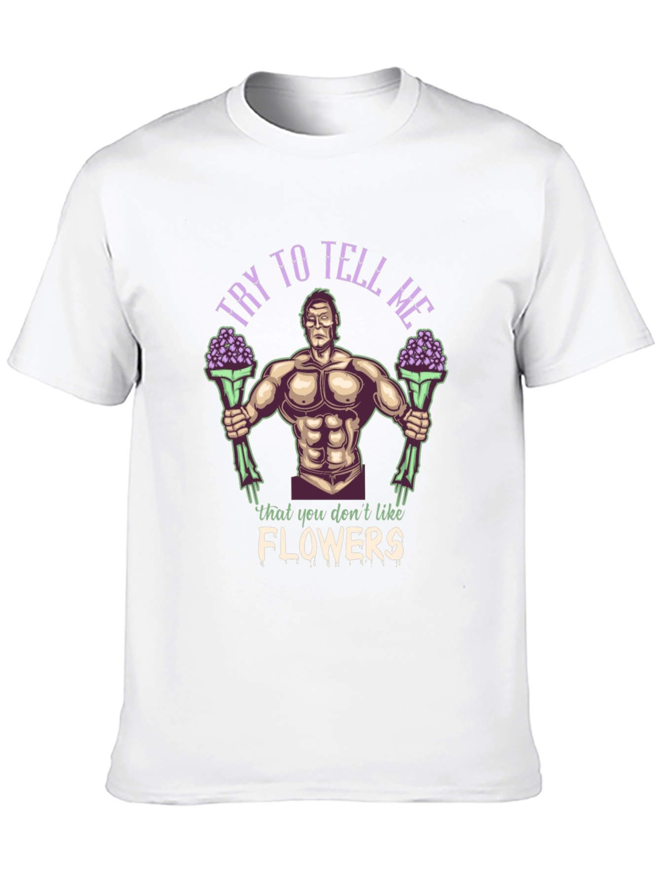 Black Funny Graphic T-Shirt - Buff Guy with Flowers view 10