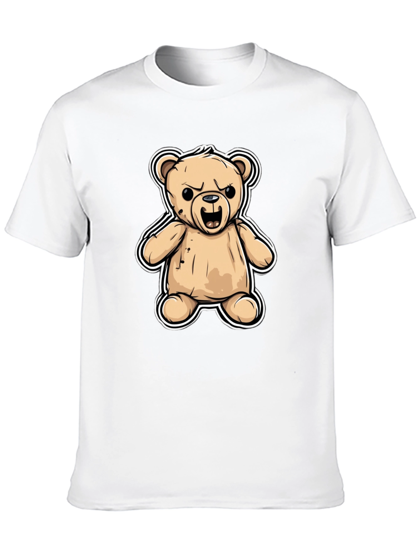 Black Men's Black T-Shirt with Cartoon Angry Teddy Bear Design view 10